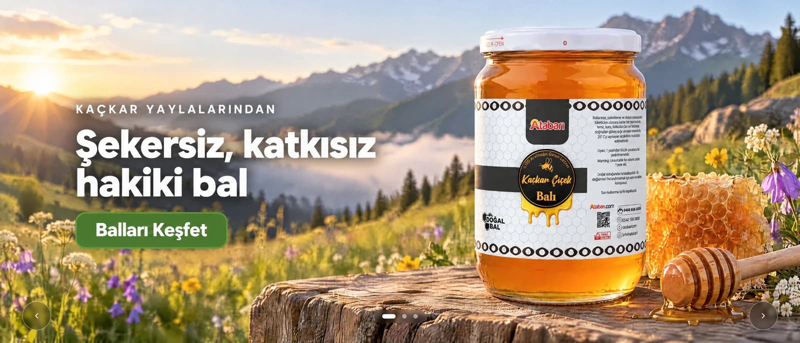 The Atabarı homepage opening scene: a jar of chestnut honey and honeycomb on a log in front of a Kaçkar highland view, with a headline about pure, additive-free honey and a button to explore honeys.