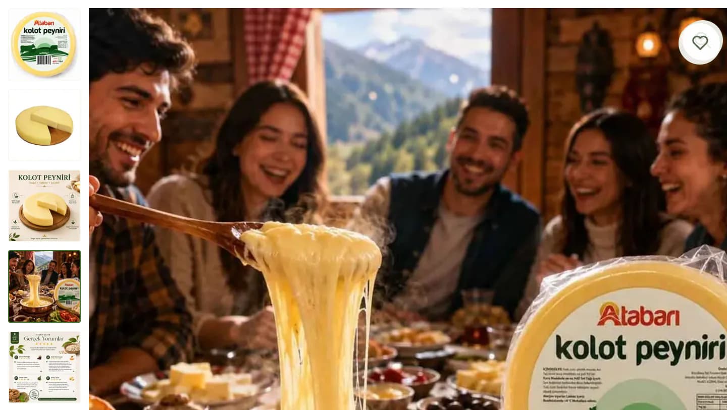 The gallery on the Atabarı Kolot cheese page: thumbnails of the pack, a cut wheel and serving shots on the left, and the large image of stretchy kuymak in a copper pan beside the Atabarı Kolot cheese pack.