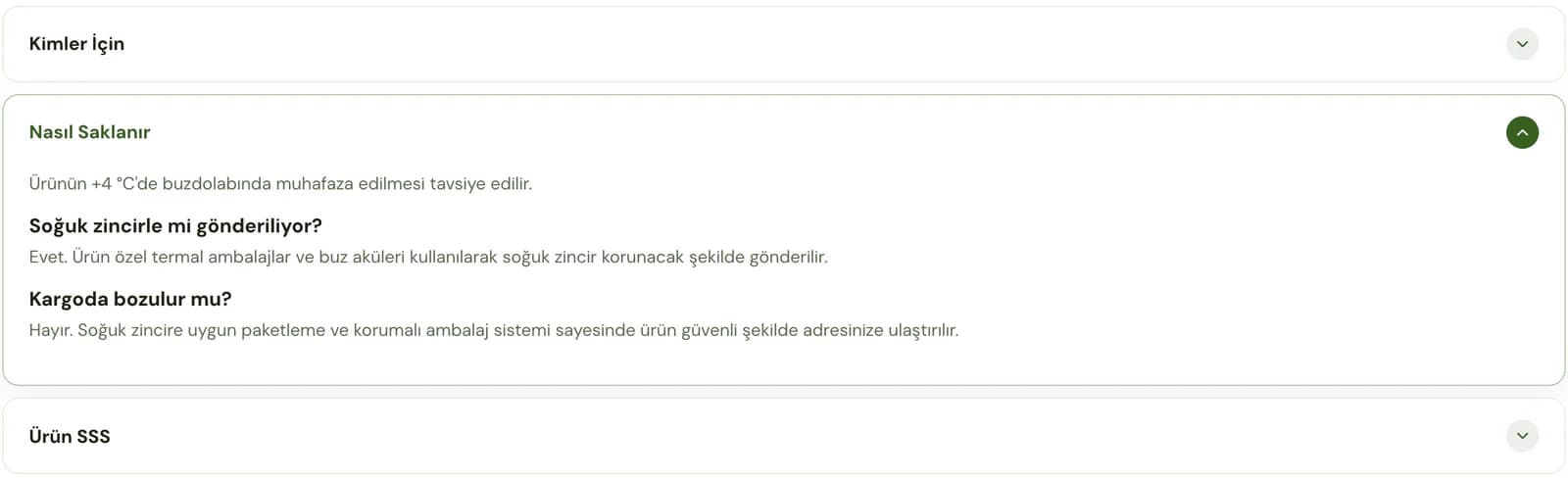 Separate information sections on the Atabarı Kolot cheese page: what makes it different, how to eat it and who it suits, with the storage section open on keeping it in the fridge at +4 °C, cold-chain shipping and whether it spoils in transit, and product FAQs below.