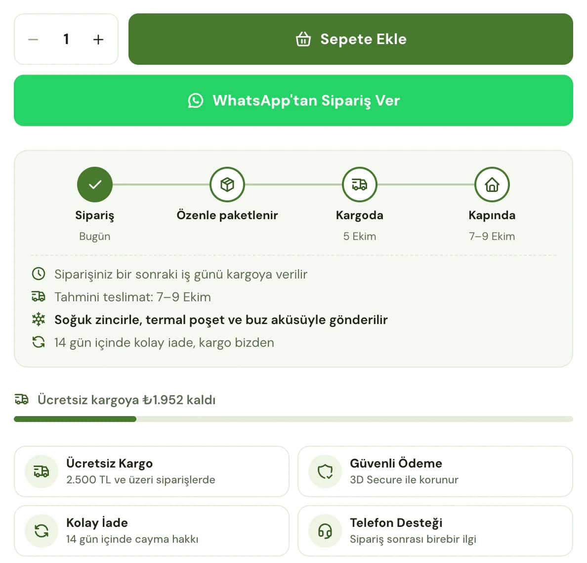 The buy area on an Atabarı product page: add-to-cart and order-on-WhatsApp buttons, dated order, packing, shipping and delivery steps, a note that it ships cold-chain in a thermal bag with ice packs, the amount left for free shipping and tiles for free shipping, secure payment, easy returns and phone support.