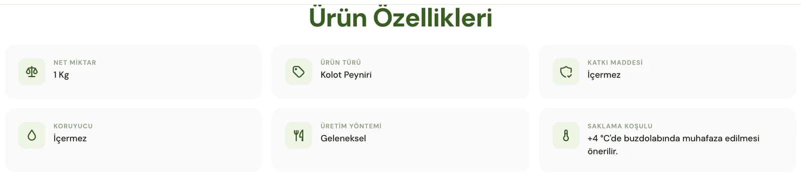 Product feature cards on the Atabarı Kolot cheese page: net weight 1 kg, type Kolot cheese, no additives or preservatives, traditional production and storage in the fridge at +4 °C.