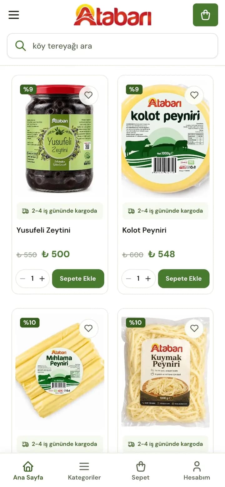 Atabarı telefon turundan bir kare: Kahvaltılık kategorisinde iki sütunlu ürün kartları; %9 indirimli Yusufeli zeytini ve kolot peyniri, altında %10 indirimli mıhlama ve kuymak peynirleri; her kartta 2-4 iş gününde kargoda etiketi, fiyat, adet seçici ve Sepete Ekle düğmesi.