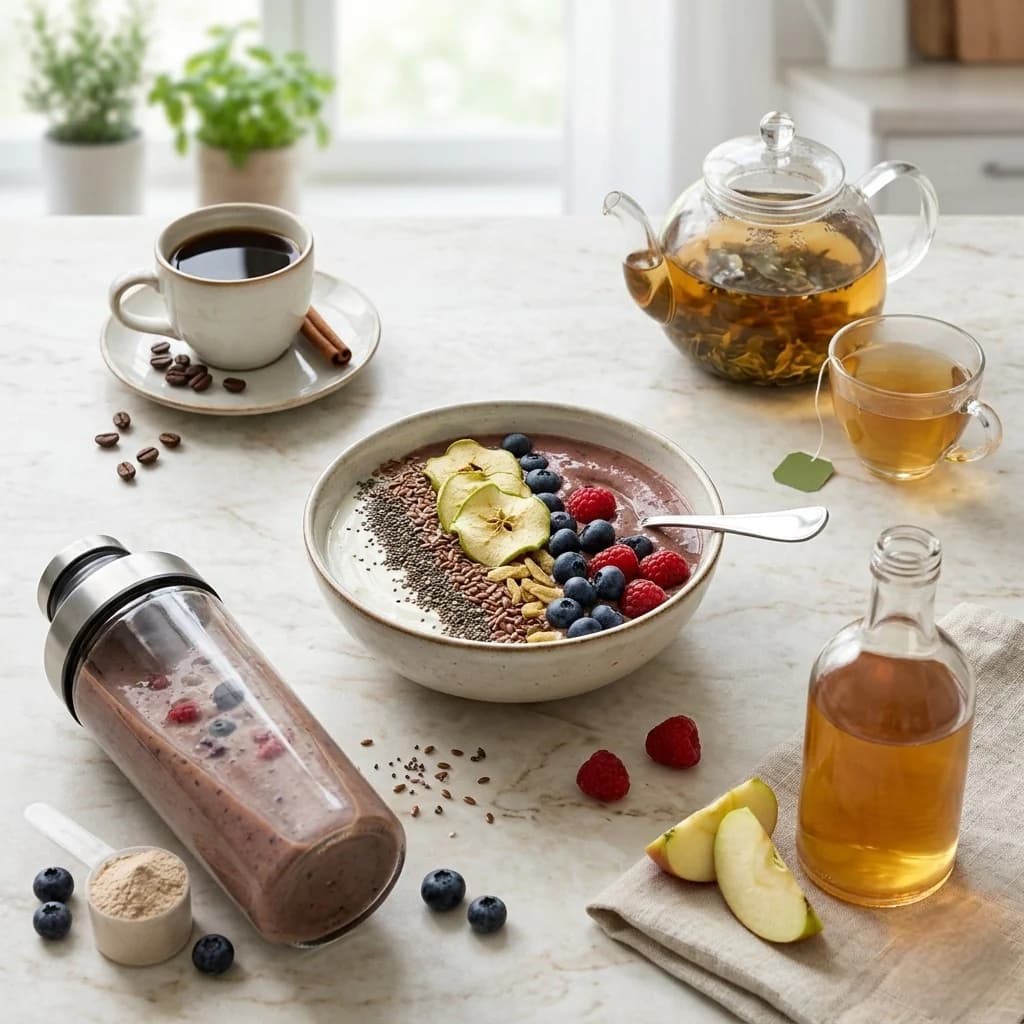 Bumeria Food blog kapağı: mutfak tezgâhında meyveli chia kâsesi, protein şişesi, sirke şişesi, demlik ve kahve fincanı.