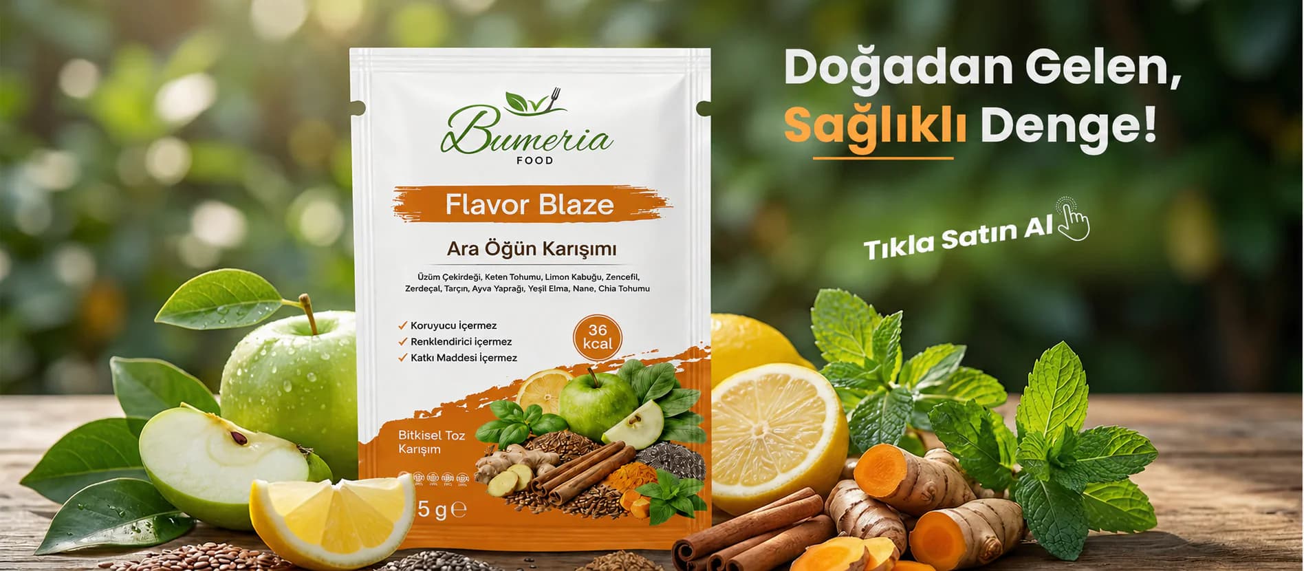 Bumeria Food ara banner görseli: ahşap üzerinde Flavor Blaze ara öğün karışımı paketi, yeşil elma, limon, tarçın, zencefil ve nane; sağda Doğadan Gelen, Sağlıklı Denge! ve Tıkla Satın Al yazıları.