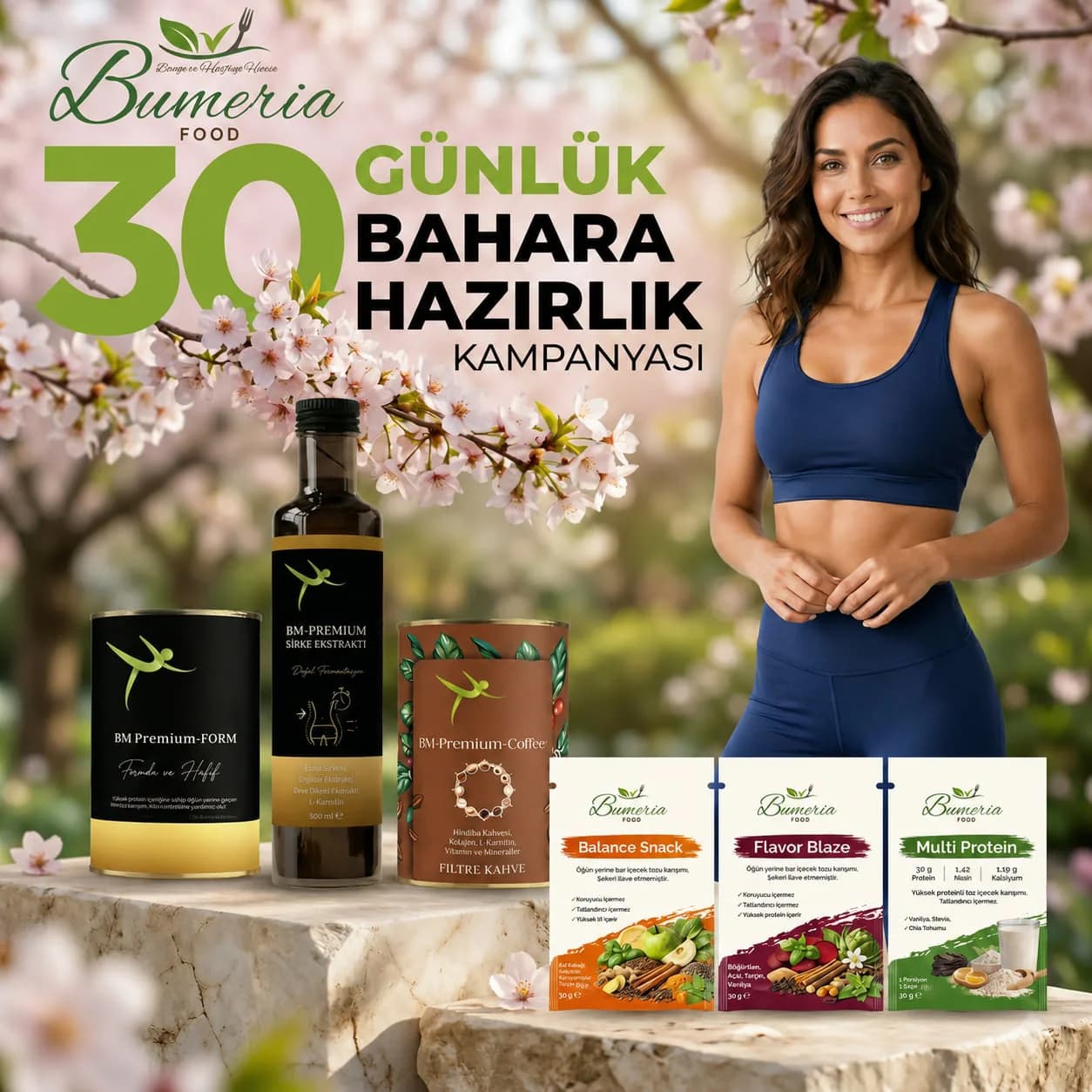 Bumeria Food 30 Günlük Bahara Hazırlık Kampanyası görseli: çiçek açmış ağaçların önünde spor kıyafetli gülümseyen bir model, yanında sirke ekstraktı şişesi ve toz karışım paketleri.