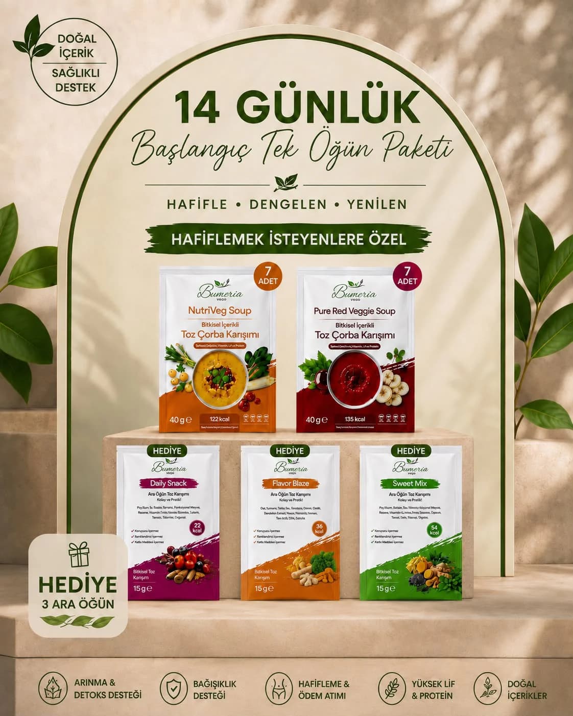 Bumeria Food 14 Günlük Başlangıç Tek Öğün Paketi: kemerli fonun önünde çorba ve toz karışım paketleri, Hediye etiketi ve Hafiflemek isteyenlere özel yazısı.