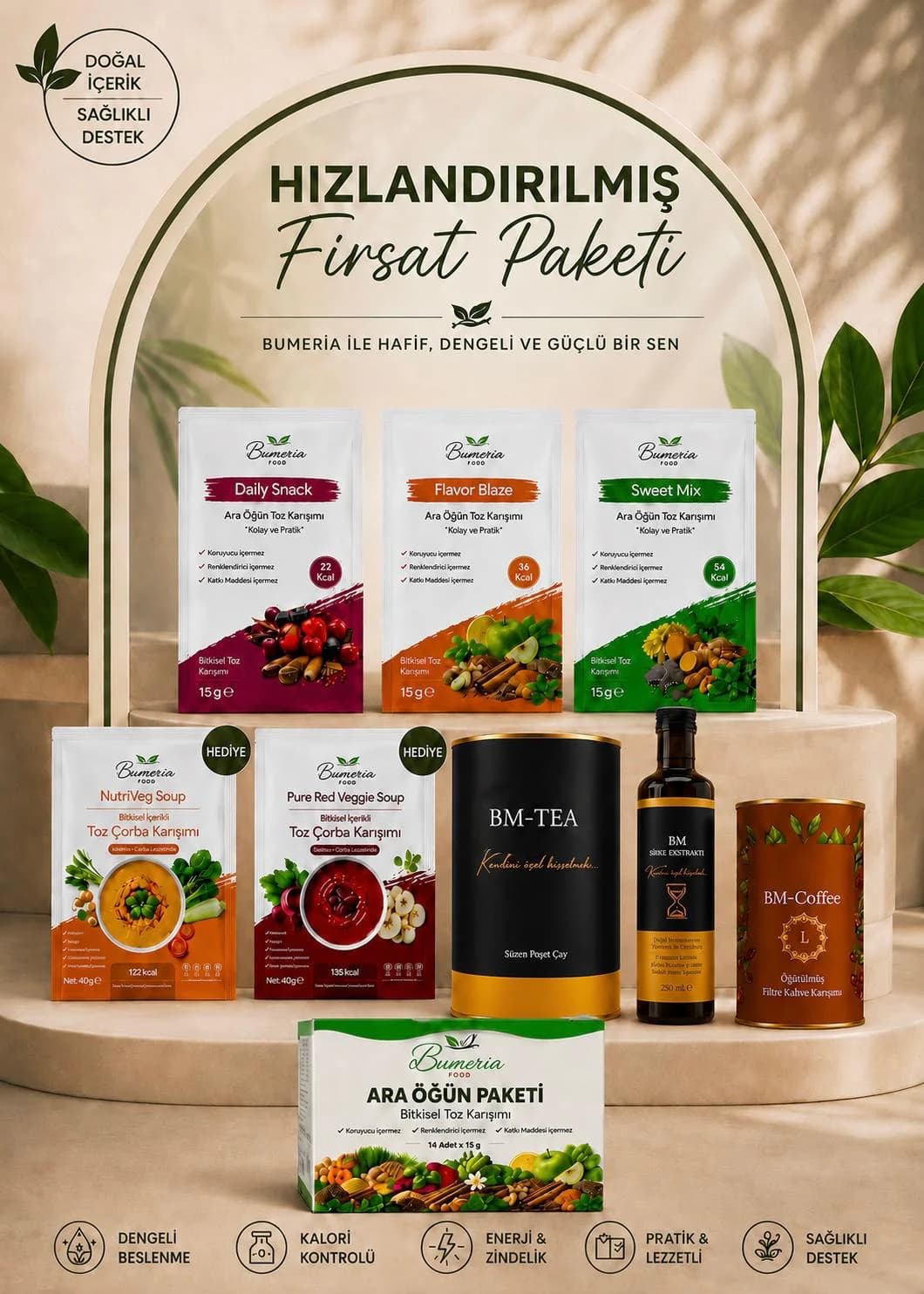Bumeria Food 30 Günlük Hızlandırılmış Fırsat Paketi: kemerli fonun önünde sirke ekstraktı şişesi, BM-Premium kutuları, çorba ve toz karışım paketleri.