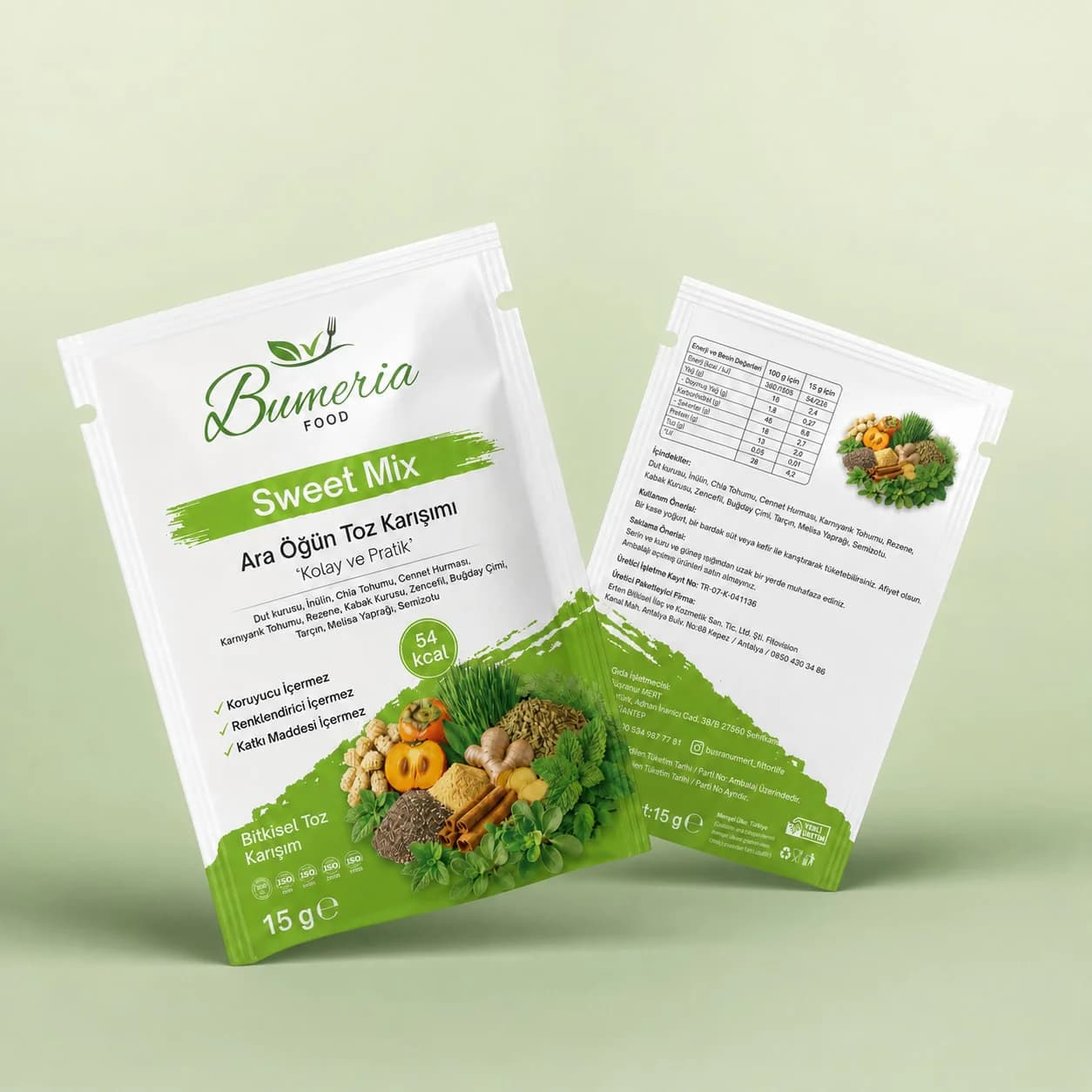 Bumeria Food Sweet Mix ara öğün toz karışımı paketleri: açık yeşil zeminde önden ve arkadan iki yeşil şeritli paket.