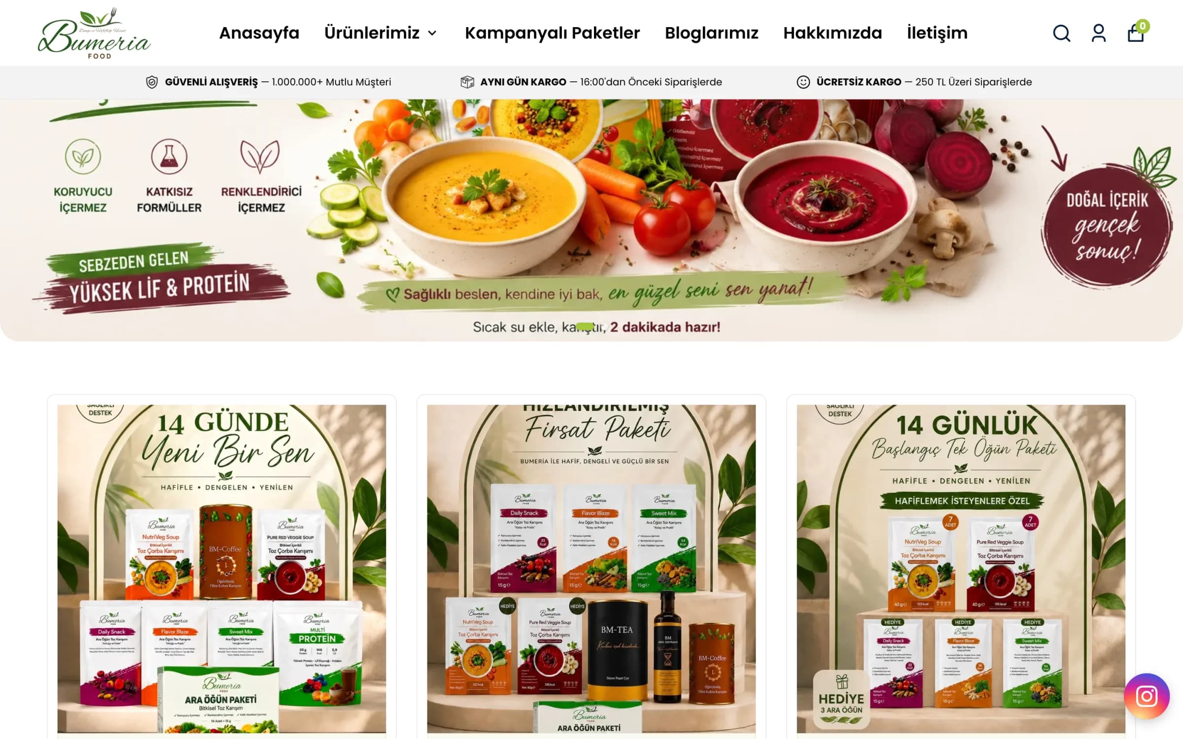 Bumeria Food ana sayfası masaüstünde biraz aşağı kaydırılmış: logo ve menünün altında Güvenli Alışveriş, 1.000.000+ Mutlu Müşteri; Aynı Gün Kargo, 16:00'dan Önceki Siparişlerde; Ücretsiz Kargo, 250 TL Üzeri Siparişlerde mesajlarını taşıyan güven bandı; altında çorba kâseleri ve sebzelerle açılış görselinin alt kısmı ve 14 Günde Yeni Bir Sen, 30 Günlük Hızlandırılmış Fırsat Paketi ve 14 Günlük Başlangıç paketlerinin görselleri.