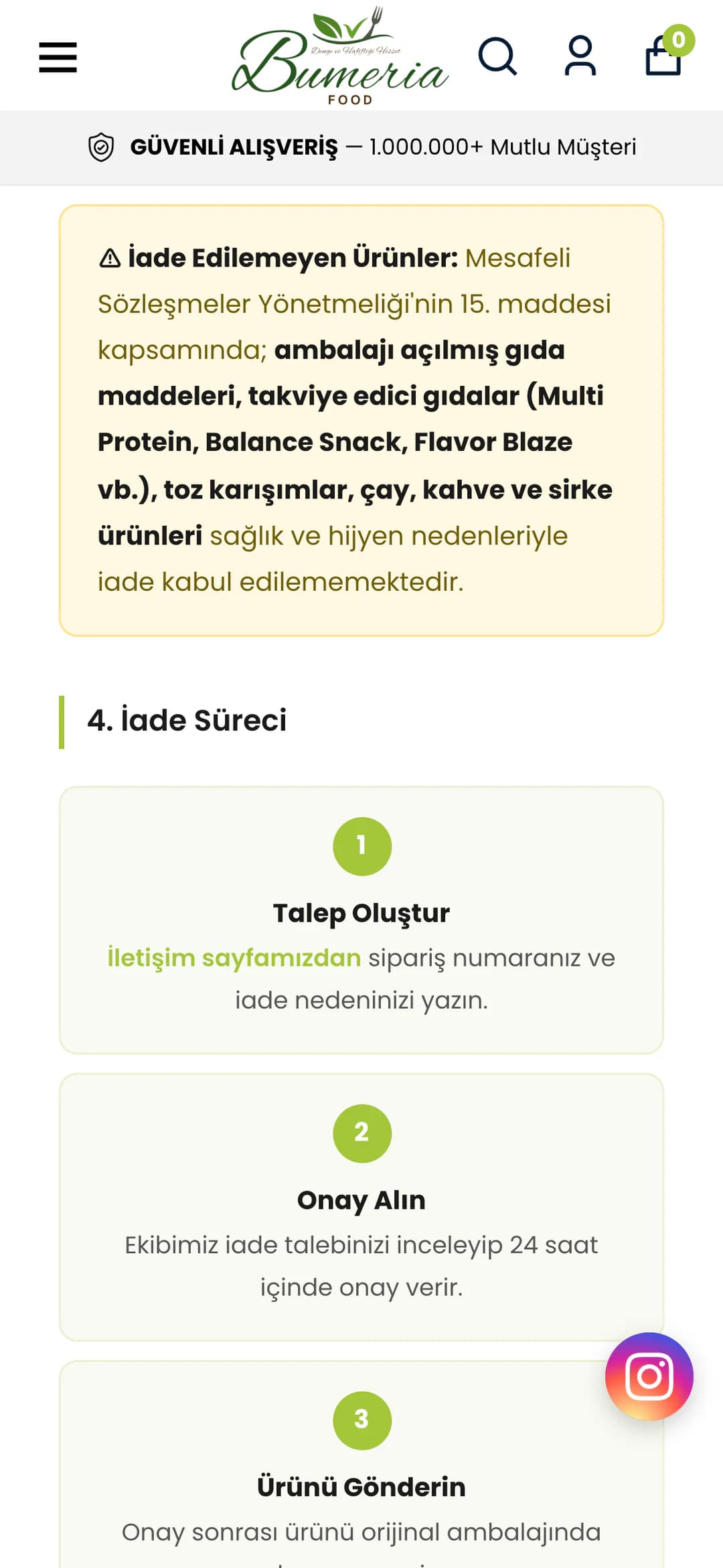 Bumeria Food İptal ve İade Politikası sayfasında telefonda: sarı uyarı kutusunda iade edilemeyen ürünler açıklaması, altında 4. İade Süreci başlığı ve yeşil numaralı Talep Oluştur, Onay Alın, Ürünü Gönderin adım kartları.