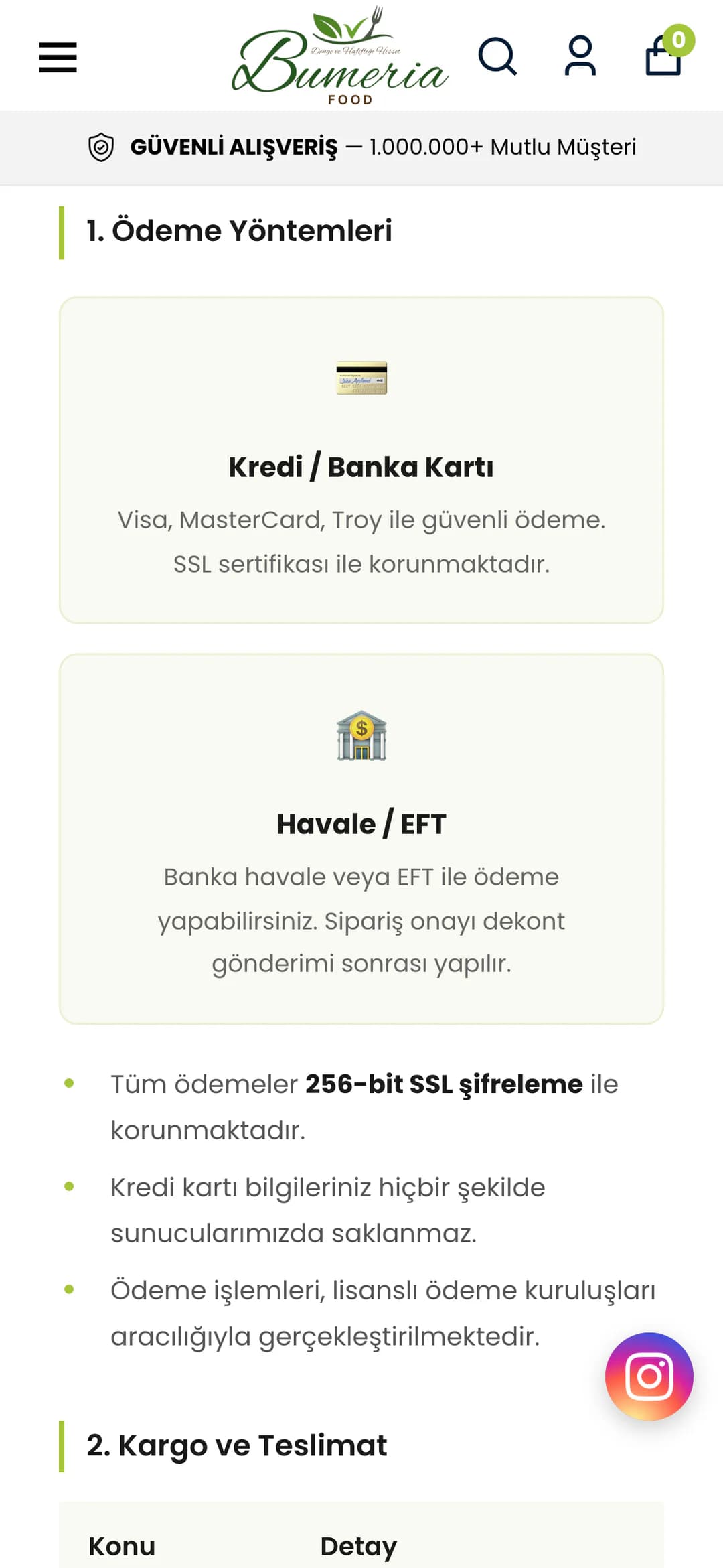 Bumeria Food Ödeme ve Teslimat Bilgileri sayfasında telefonda: 1. Ödeme Yöntemleri başlığı altında Kredi / Banka Kartı ve Havale / EFT kartları, SSL şifreleme ve kart bilgilerinin saklanmadığına dair maddeler, altında 2. Kargo ve Teslimat başlığı.