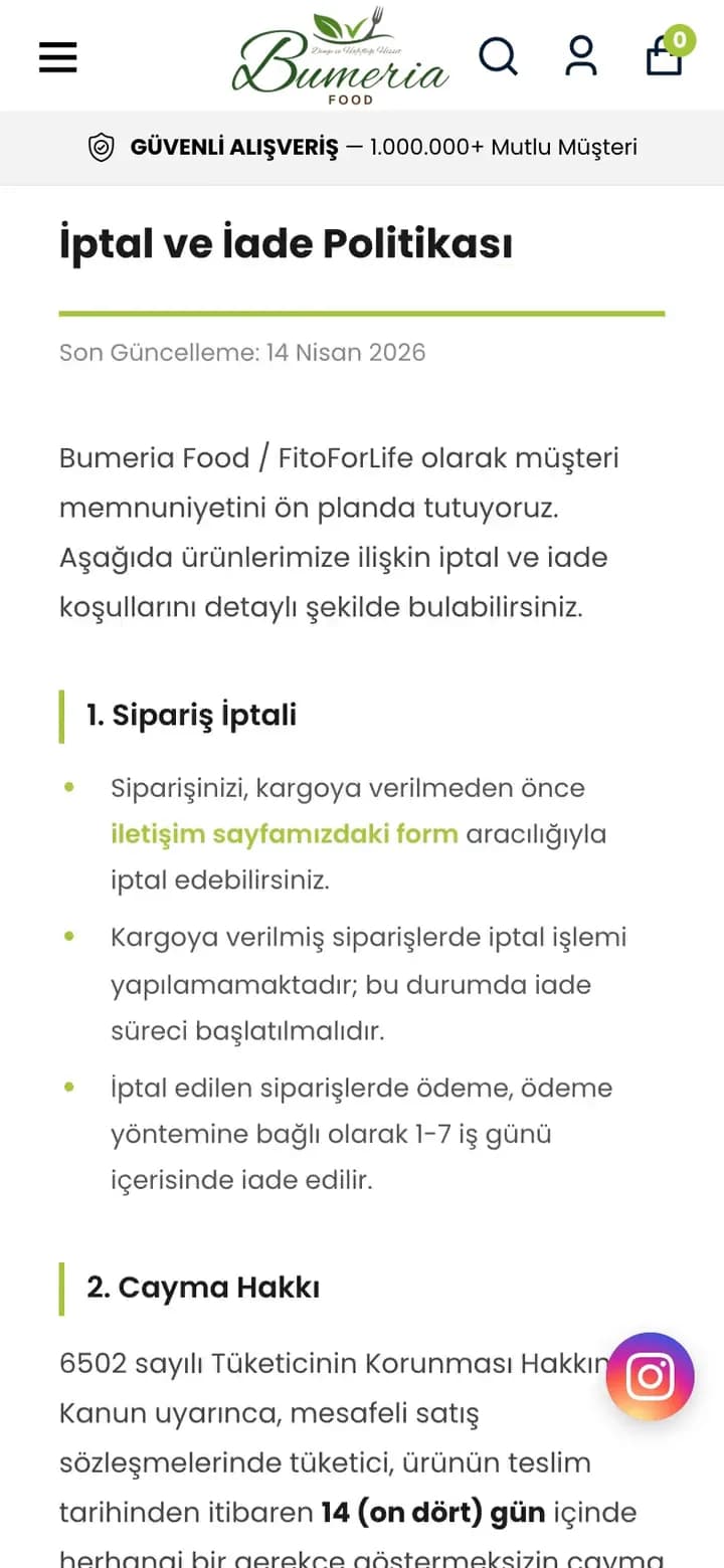 Bumeria Food İptal ve İade Politikası sayfası telefonda: logo ve Güvenli Alışveriş bandının altında başlık ve yeşil alt çizgi, Son Güncelleme: 14 Nisan 2026, kısa giriş metni, sol kenarı yeşil çizgili 1. Sipariş İptali başlığı ve yeşil madde imli maddeler; sağ altta Instagram düğmesi.