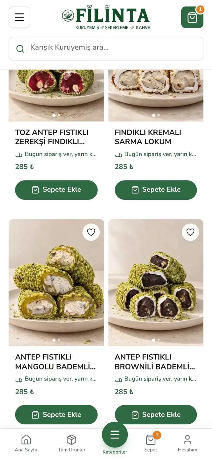 Filinta Kuruyemiş telefon turundan bir kare: Lokum ve Şekerlemeler vitrininde Toz Antep Fıstıklı Zerekşi Fındıklı, Fındıklı Kremalı, Antep Fıstıklı Mangolu Bademli ve Antep Fıstıklı Brownili Bademli sarma lokum kartları, 285 ₺ fiyatları ve yeşil Sepete Ekle düğmeleri; sepet simgesinde 1 ürün.