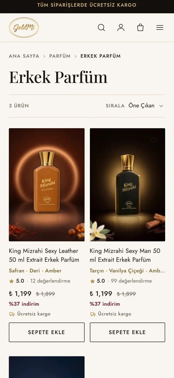 Goldmi telefon turundan bir kare: Erkek Parfüm kategori sayfası, 3 ürün ve Öne Çıkan sıralaması; King Mizrahi Sexy Leather ve Sexy Man kartları adlarının altındaki koku notaları ve Sepete Ekle düğmeleriyle.