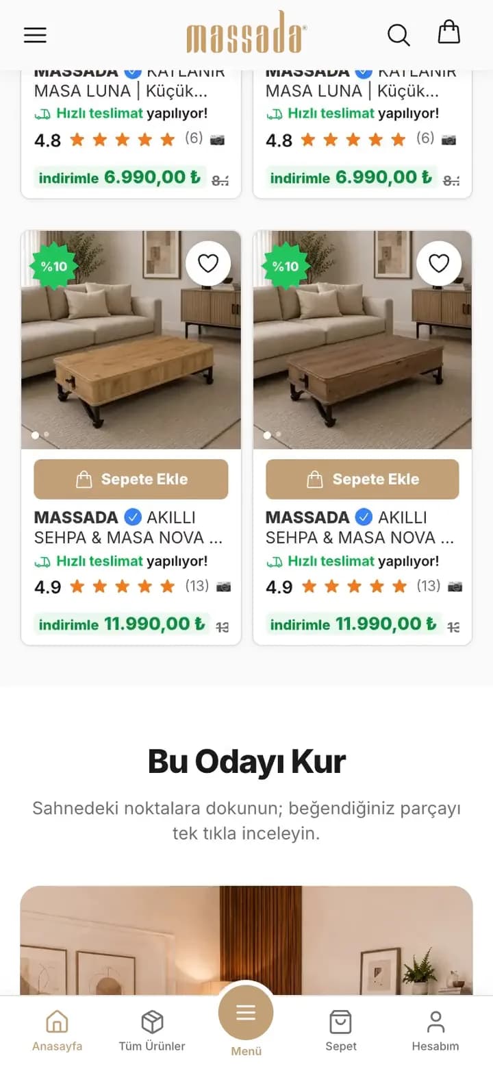 Massada telefon turundan bir kare: Çok Beğenilenler alanında Luna katlanır masa ve Nova akıllı sehpa ürün kartları, puanları, indirimli fiyatları ve Sepete Ekle düğmeleri; altında Bu Odayı Kur başlığı ve sahnenin başlangıcı.