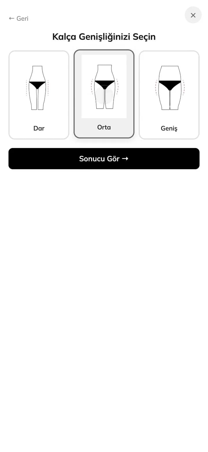 Rasquad telefon turundan bir kare: Bedenimi Bul penceresinde Kalça Genişliğinizi Seçin adımı, Dar, seçili Orta ve Geniş kalça çizimleri ve Sonucu Gör düğmesi.