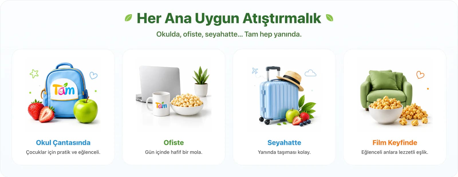 The Her Ana Uygun Atıştırmalık (a snack for every moment) section on the Tam homepage: four cards for the school bag, the office, travel and movie time, each pairing an everyday object (a Tam school bag, a laptop and mug, a suitcase, an armchair) with fruit or popcorn.