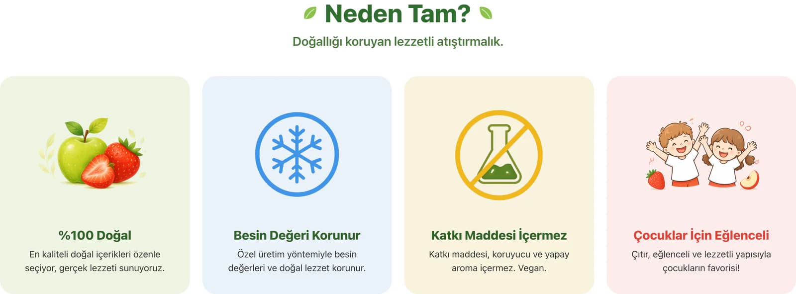 The Neden Tam? (why Tam) section on the Tam homepage: four colored cards titled 100% natural, nutrients preserved, no additives and fun for kids, each with an illustration and a short line.
