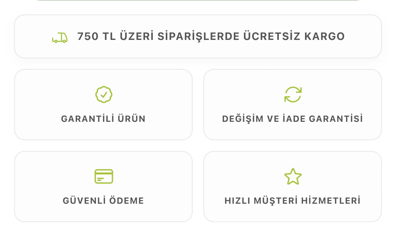 Tam ürün sayfasındaki güven alanının yakın planı: 750 TL üzeri siparişlerde ücretsiz kargo satırı, altında Garantili Ürün, Değişim ve İade Garantisi, Güvenli Ödeme ve Hızlı Müşteri Hizmetleri kutuları ince yeşil simgeleriyle.