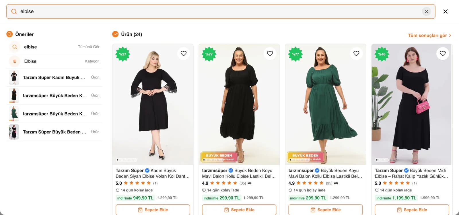 The Tarzım Süper search panel: typing elbise (dress) lists the Elbise category and product suggestions on the left and dress result cards with prices and ratings under a 24-product count on the right.