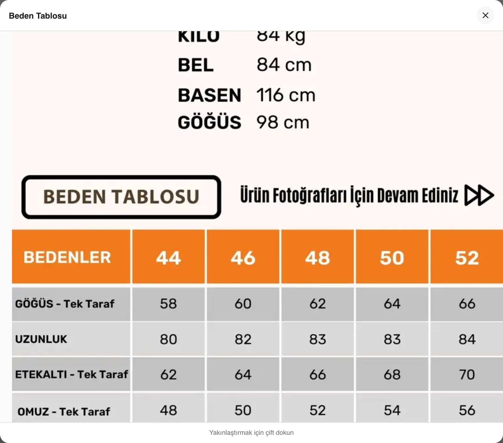 The size chart window opened from the Beden tablosu link on a Tarzım Süper product page: the model's measurements and a table of bust, length, hem and shoulder measurements for sizes 44 to 52.