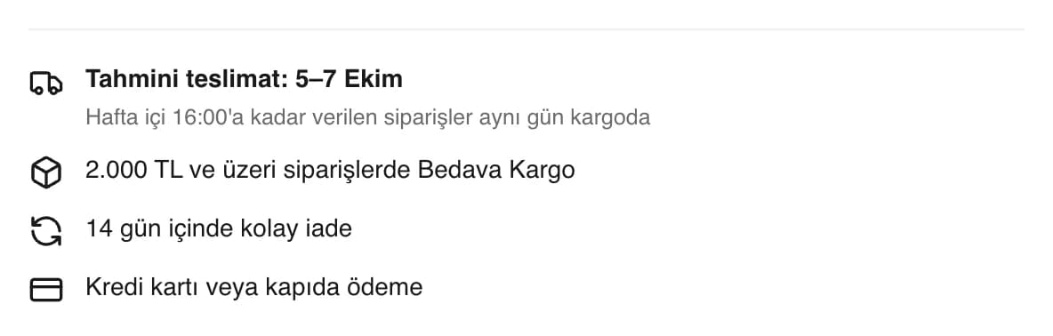 Shipping info below the purchase area on a Tarzım Süper product page: estimated delivery October 5–7, a note on the same-day shipping cut-off, the free shipping threshold, easy returns and payment options.