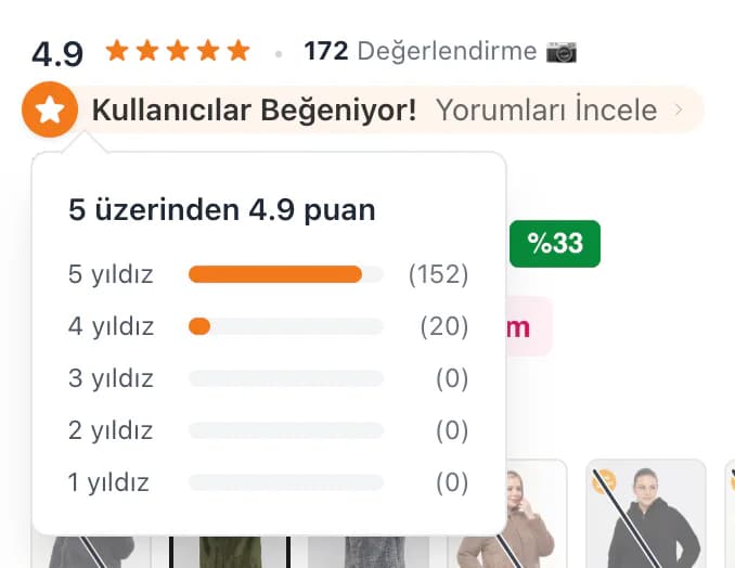 On a Tarzım Süper product page, hovering the rating badge under the title opens a breakdown: 4.9 out of 5, with reviews by star level (152 five-star, 20 four-star).