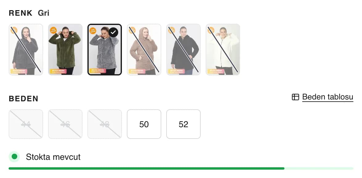 Color and size selection on a Tarzım Süper product page: with Gri (grey) selected, sizes 50 and 52 can be picked while sold-out 44, 46 and 48 stay visible but struck through; sold-out colors are marked too.