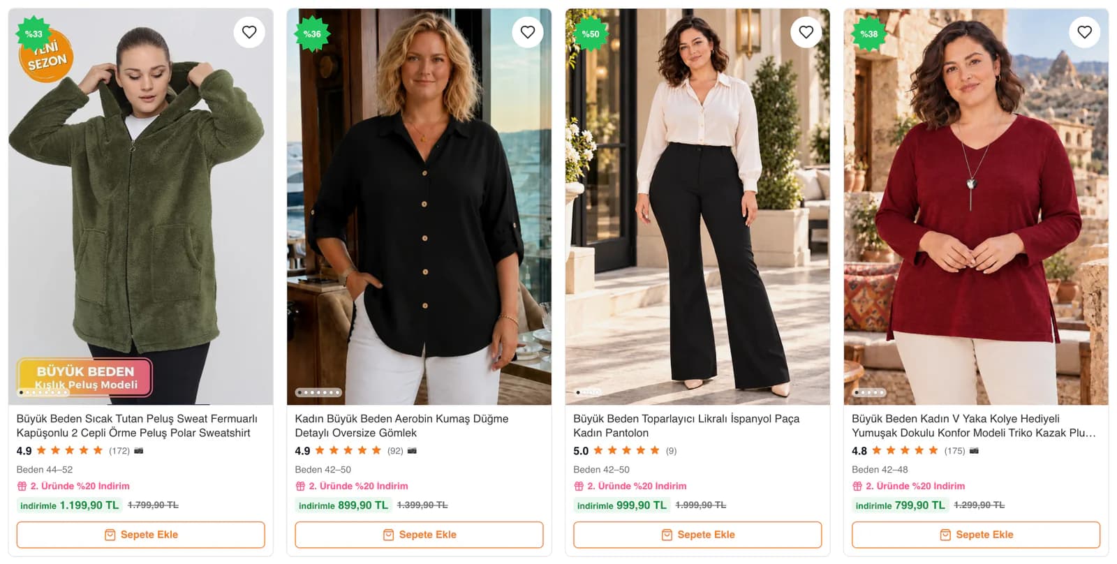 Four product cards from the Çok Satanlar (best sellers) row on the Tarzım Süper homepage: plus-size womenswear with star rating and review count, size range, a second-item 20% off tag, the sale price and an add-to-cart button.
