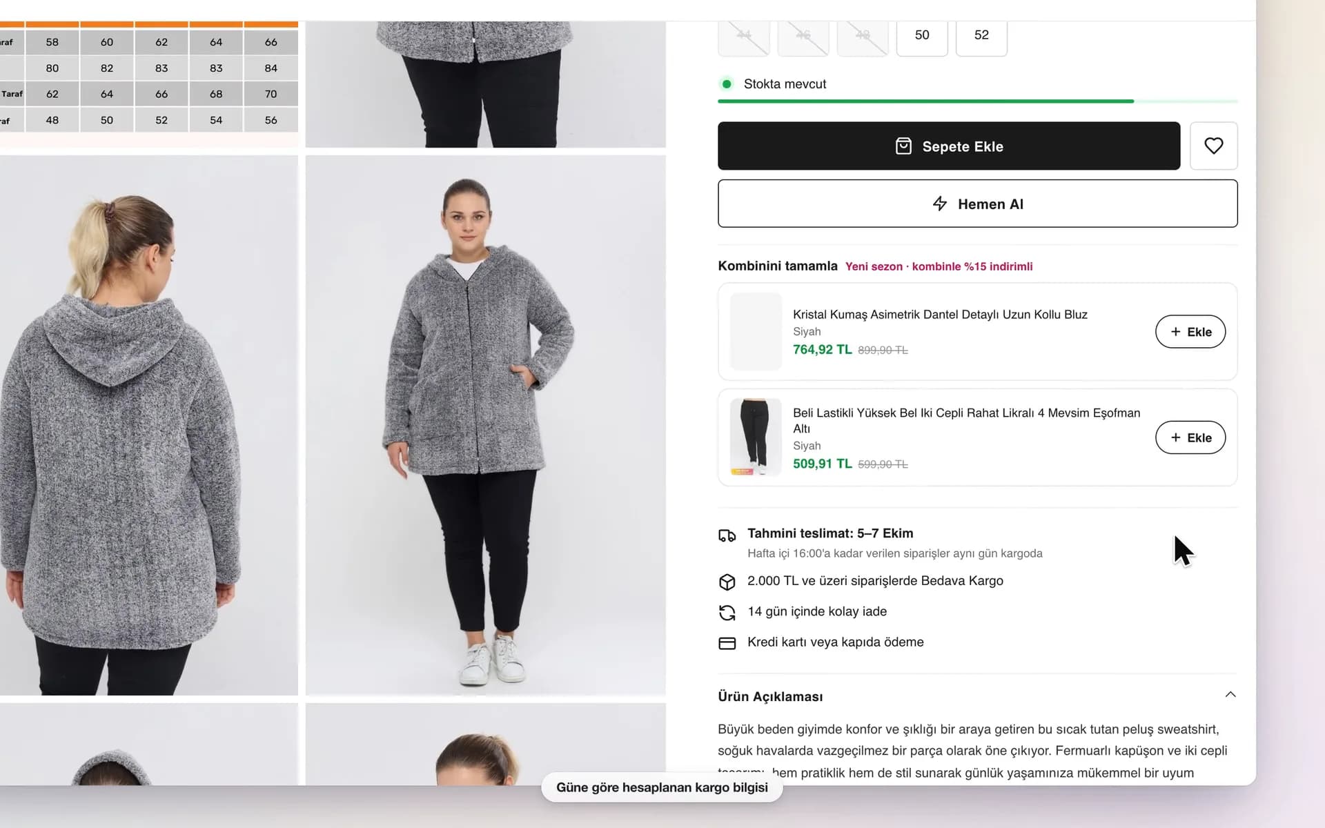 Tarzım Süper masaüstü mağaza turundan bir kare: gri peluş sweatshirt sayfasında 50 ve 52 bedenler, Stokta mevcut çubuğu, Sepete Ekle ve Hemen Al düğmeleri, Kombinini tamamla önerileri, altında Tahmini teslimat: 5-7 Ekim ve hafta içi 16:00'a kadar verilen siparişlerin aynı gün kargoda olduğu notu; altta Güne göre hesaplanan kargo bilgisi etiketi.