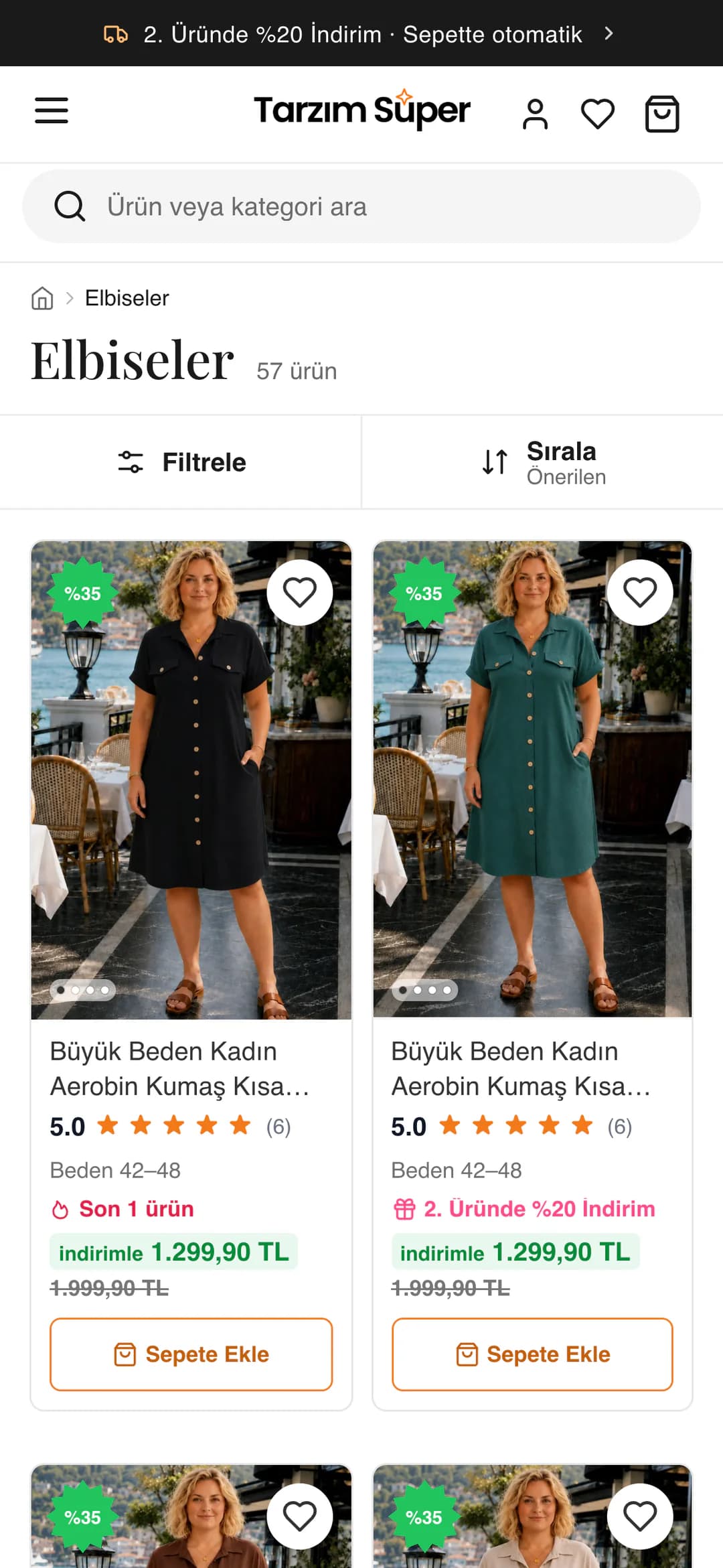 Tarzım Süper Elbiseler kategorisi telefonda: Elbiseler başlığı ve 57 ürün sayısı, Filtrele ve Sırala çubuğu, altında aerobin kumaş kısa kollu elbise kartları puan, beden aralığı, Son 1 ürün ya da 2. Üründe %20 İndirim etiketi ve indirimli fiyatlarıyla.