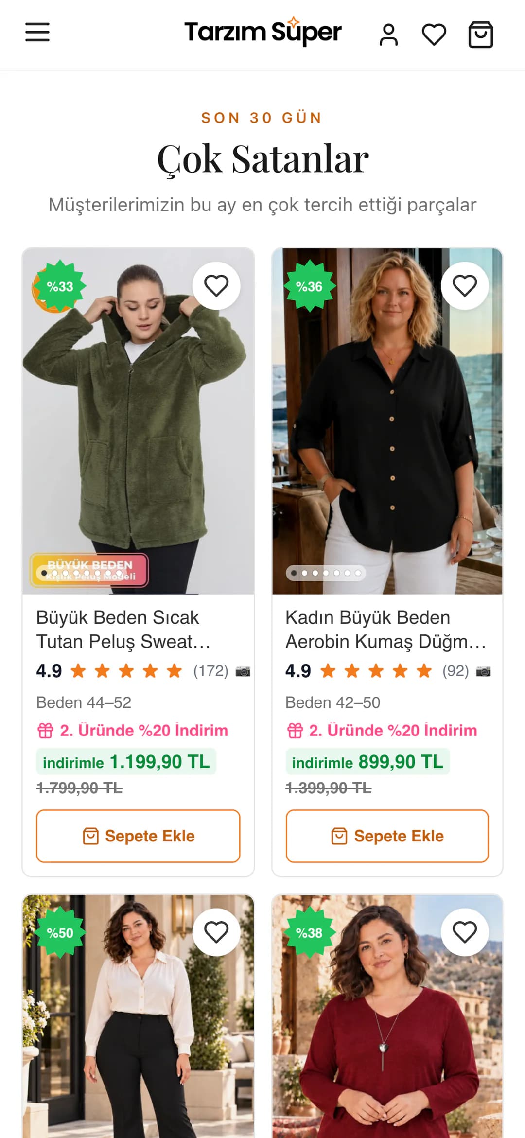 Tarzım Süper ana sayfasındaki Çok Satanlar alanı telefonda: iki sütunlu ürün kartlarında indirim oranı rozeti, ürün adı, puan ve değerlendirme sayısı, beden aralığı, 2. Üründe %20 İndirim etiketi, indirimli ve eski fiyat ile Sepete Ekle düğmesi.