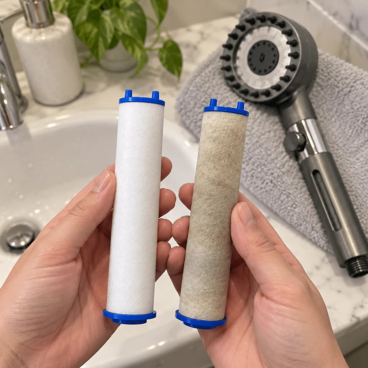 Banyo lavabosunun önünde iki elde iki Waterfall duş filtresi: solda beyaz yeni filtre, sağda kahverengiye dönmüş kullanılmış filtre; arkada havlunun üzerinde gri duş başlığı, sabunluk ve saksıda yeşil bitki.