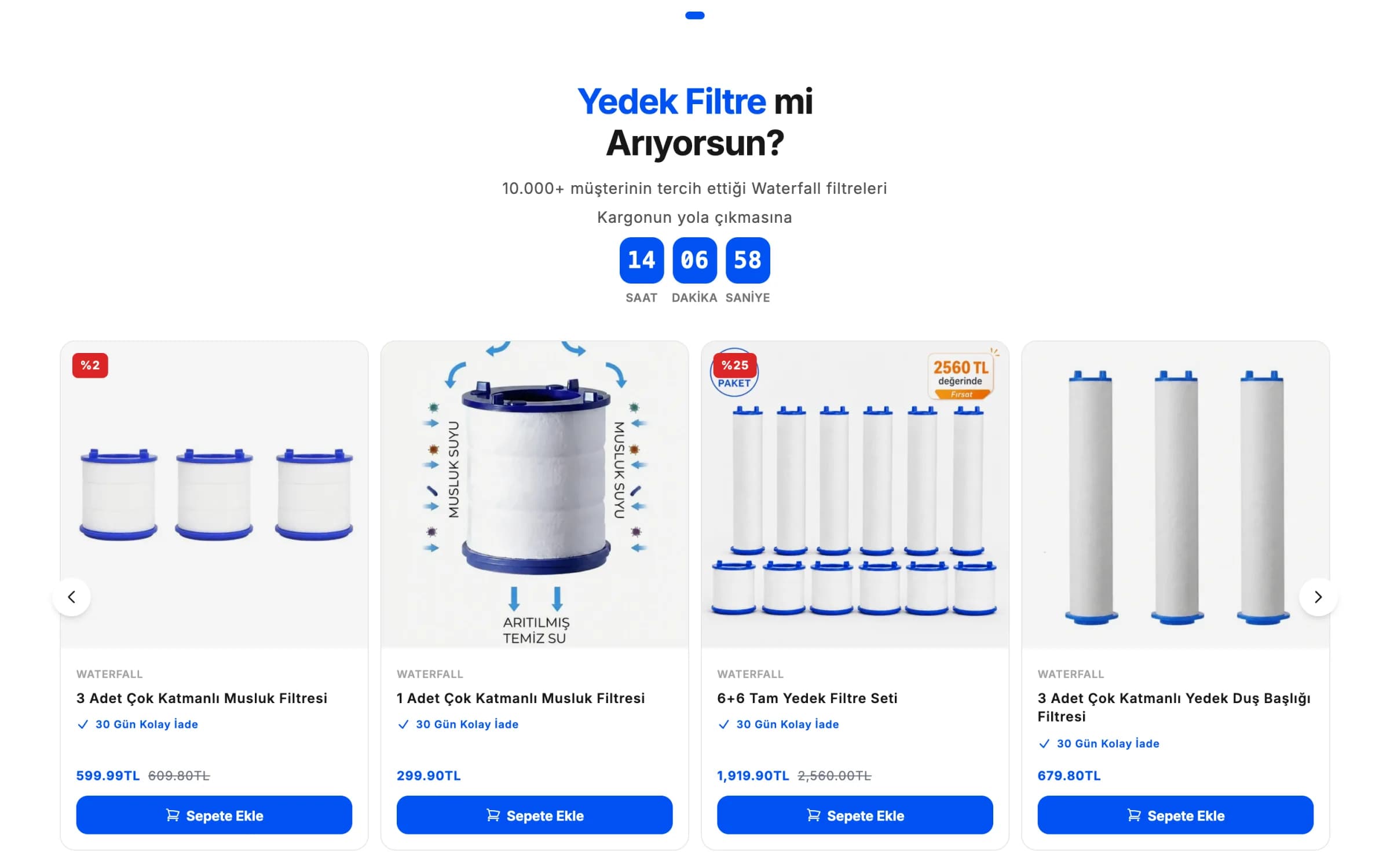 Waterfall ana sayfasındaki yedek filtre listesi, masaüstünde: Yedek Filtre mi Arıyorsun? başlığı, 10.000+ müşterinin tercih ettiği Waterfall filtreleri yazısı ve mavi kutularda kargonun yola çıkmasına kalan saat, dakika ve saniye; altında 3 Adet Çok Katmanlı Musluk Filtresi, 1 Adet Çok Katmanlı Musluk Filtresi, 6+6 Tam Yedek Filtre Seti ve 3 Adet Çok Katmanlı Yedek Duş Başlığı Filtresi kartları, 30 Gün Kolay İade notları, fiyatlar ve mavi Sepete Ekle düğmeleri.