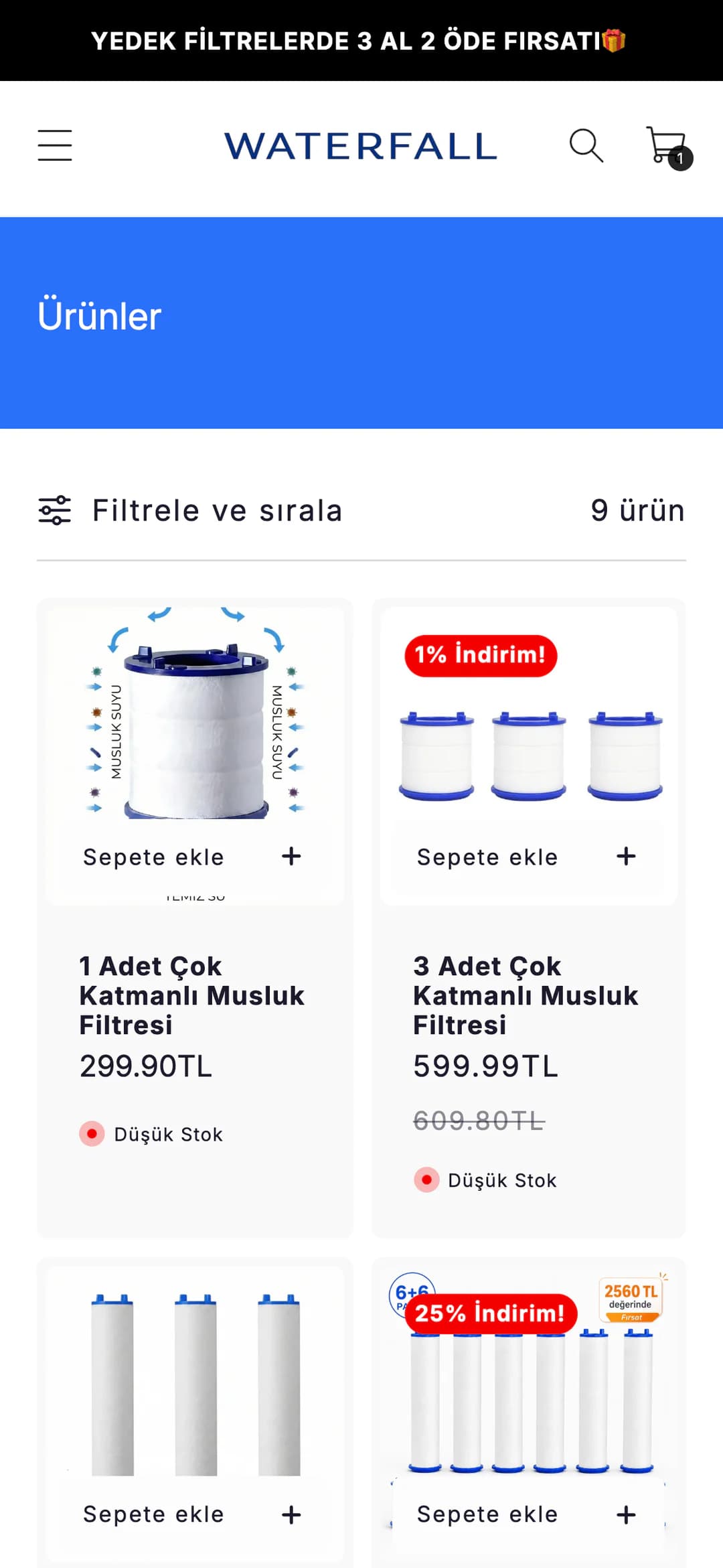 Waterfall Ürünler koleksiyon sayfası telefonda: mavi Ürünler başlık alanı, Filtrele ve sırala çubuğu ve 9 ürün; iki sütunlu kartlarda 1 Adet Çok Katmanlı Musluk Filtresi 299.90TL ve %1 indirim rozetli 3 Adet Çok Katmanlı Musluk Filtresi 599.99TL, Düşük Stok işaretleri ve görsellerin üzerinde Sepete ekle düğmeleri; altta yedek duş filtresi kartlarının görselleri.