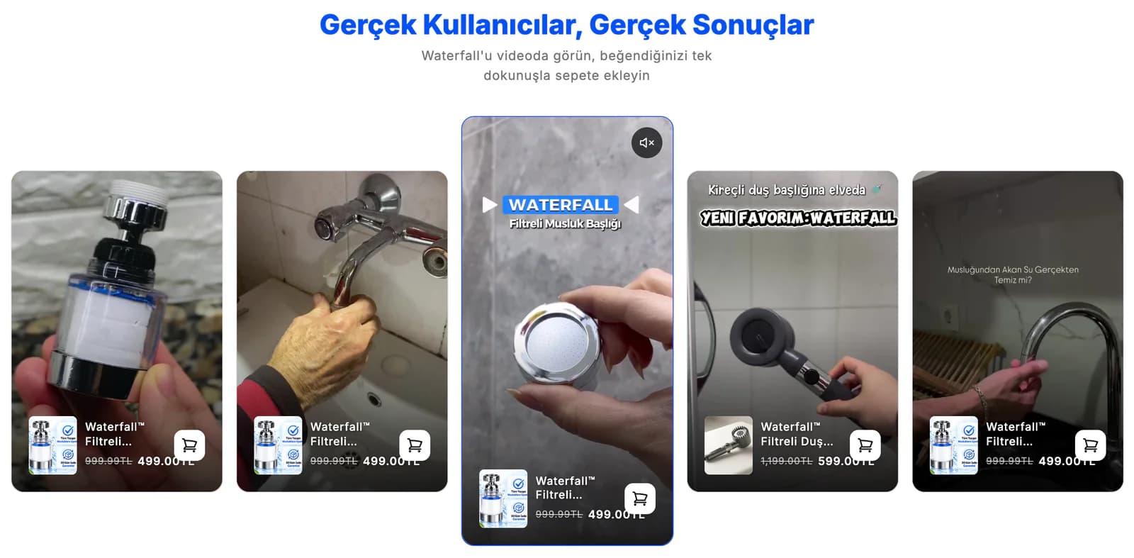 The Gerçek Kullanıcılar, Gerçek Sonuçlar (real users, real results) video strip on the Waterfall homepage: faucet and shower head videos, each with the product thumbnail, name, sale price and an add-to-cart button.