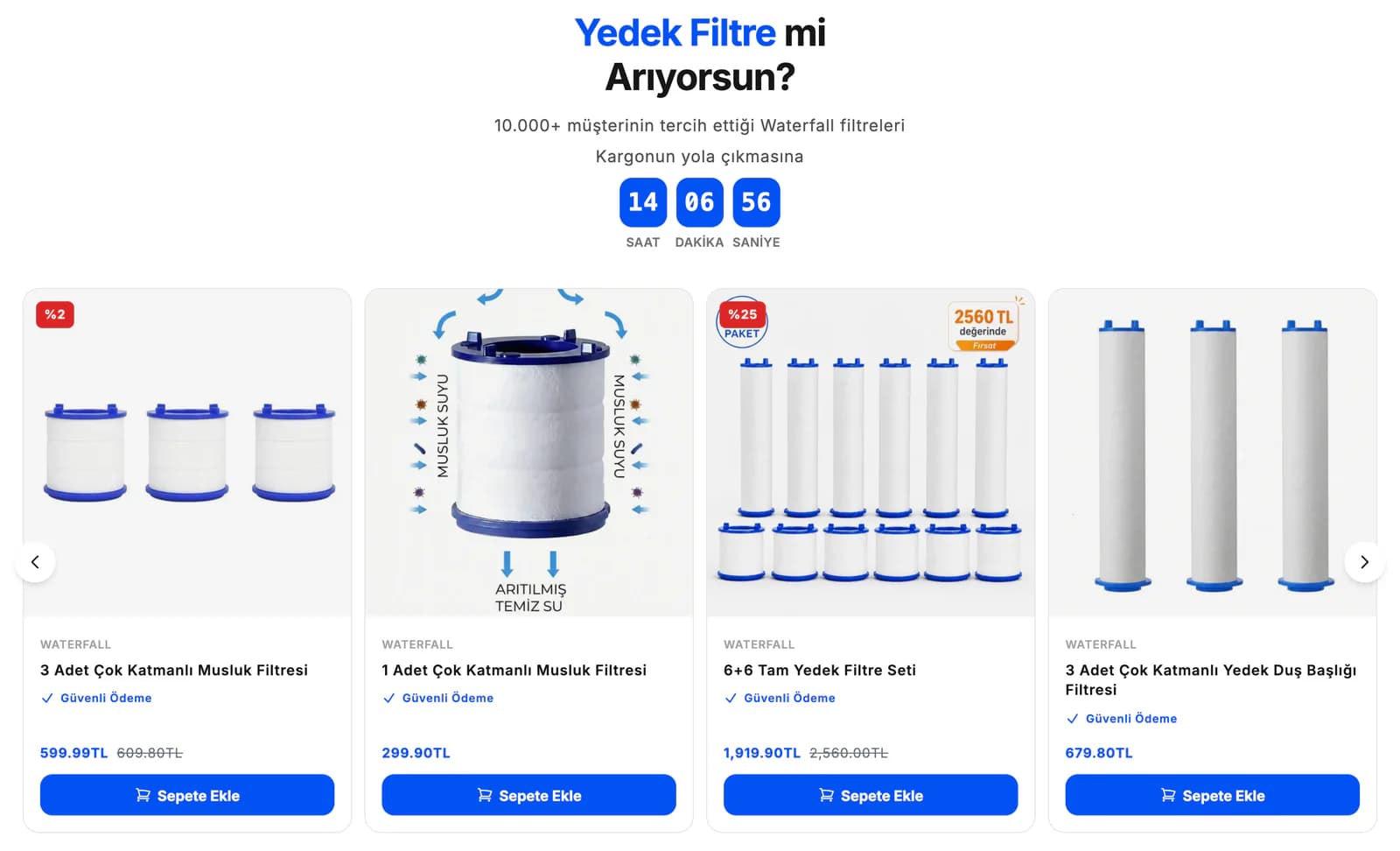 The replacement filter section on the Waterfall homepage: a countdown to the next shipment in hours, minutes and seconds, above cards for single and multi-pack faucet filters, a 6+6 filter set and a shower head filter with prices and add-to-cart buttons.