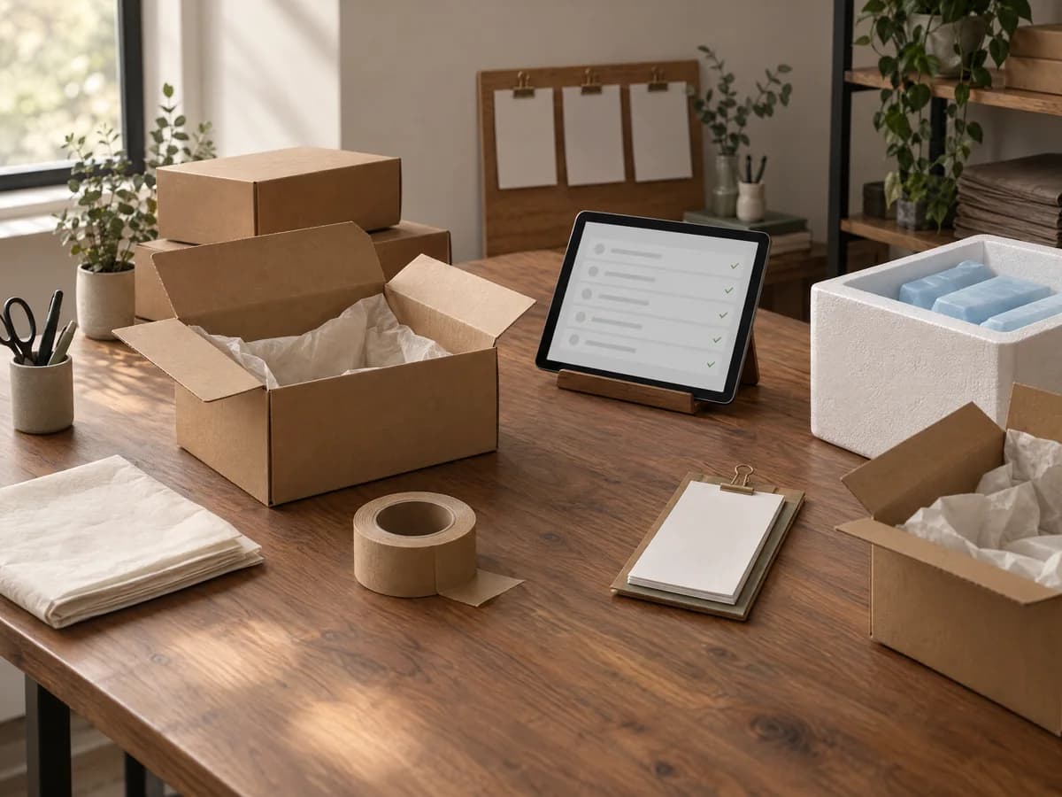 Sipariş paketleme masası: kraft kutular, bant, buz aküleri olan soğuk zincir kutusu ve tablette tiklenmiş sipariş listesi