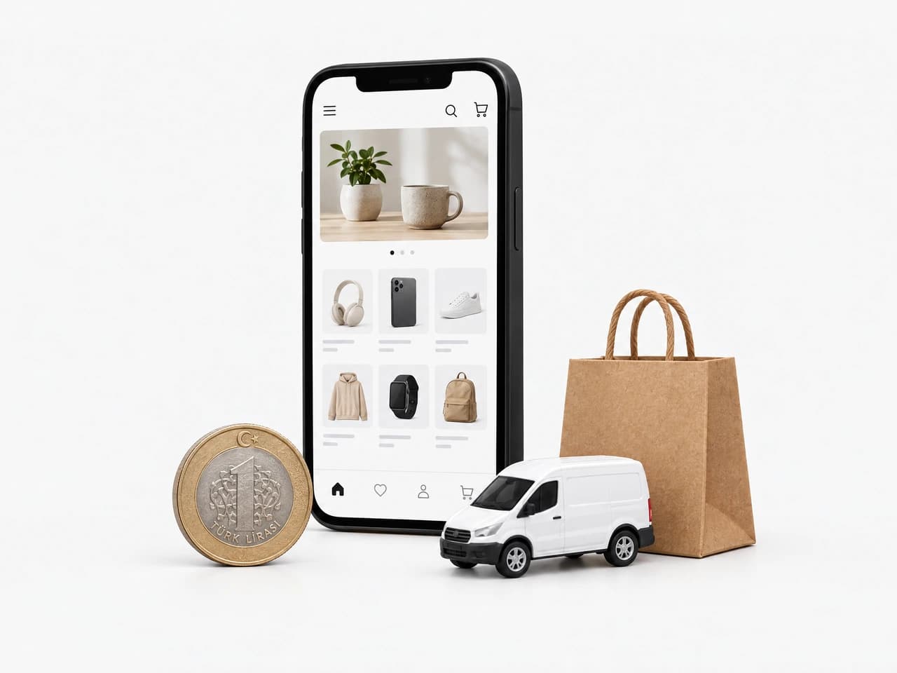 Telefonda mobil mağaza, Türk lirası, kargo aracı ve alışveriş çantası