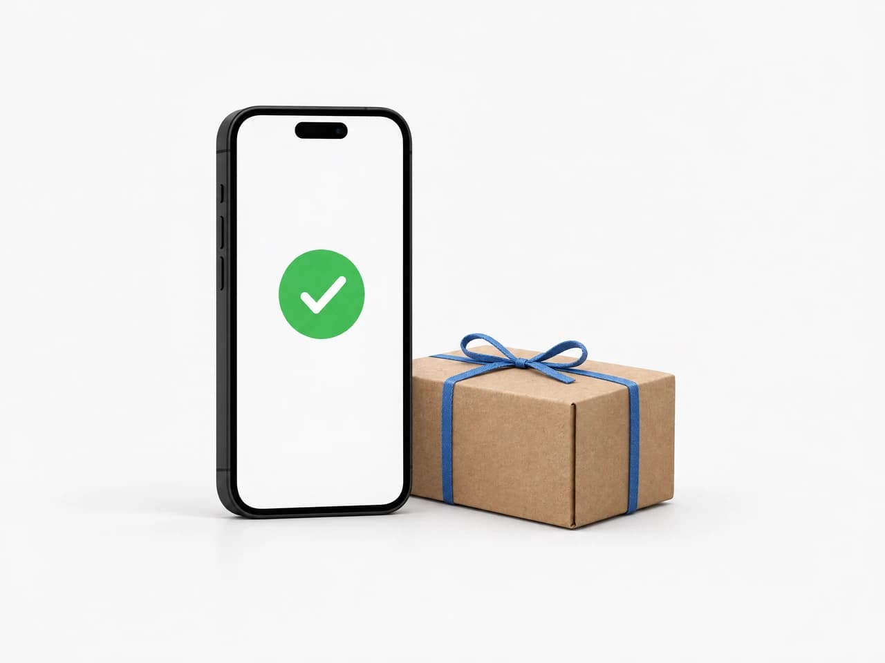 Onay işareti görünen telefon ve önünde kurdeleli paket