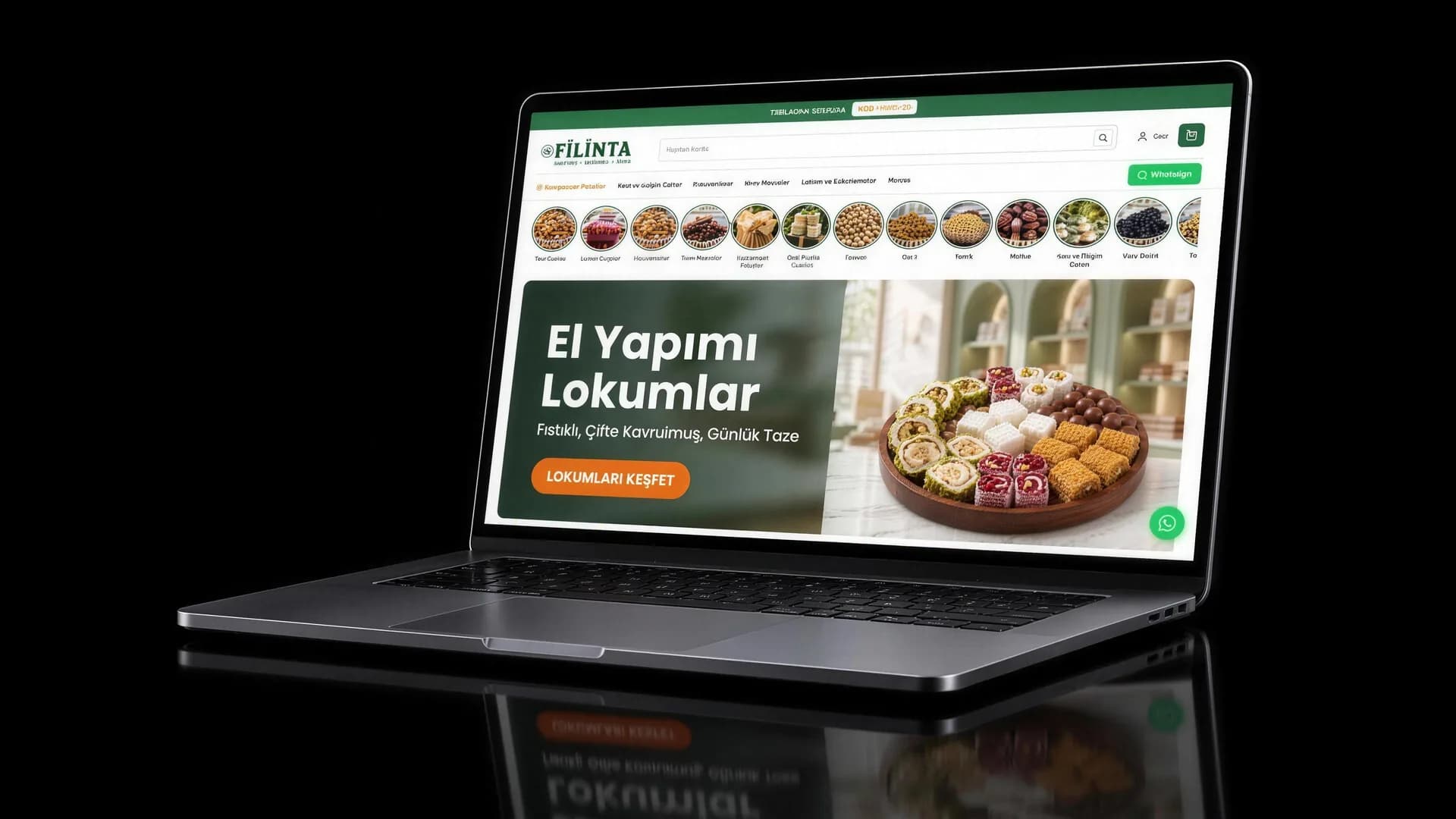 Siyah zeminde Filinta Kuruyemiş mağazası açık dizüstü bilgisayar