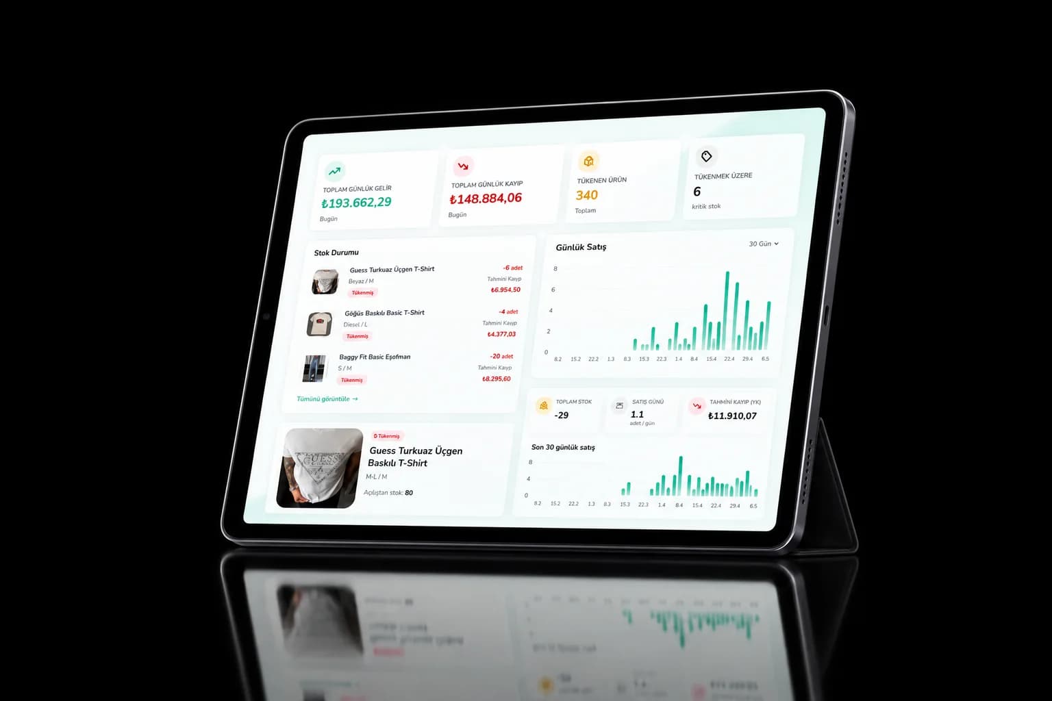 Tablette stok ve satış özetini gösteren yönetim paneli