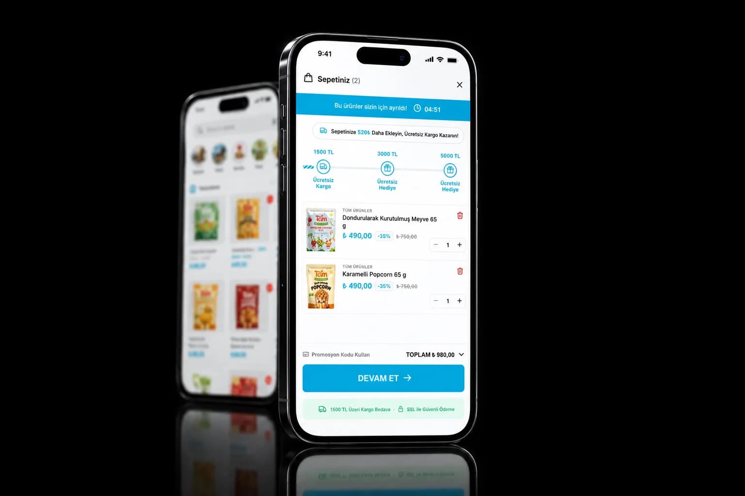 Telefonlarda hediye ve kargo eşiği gösteren sepet ekranı