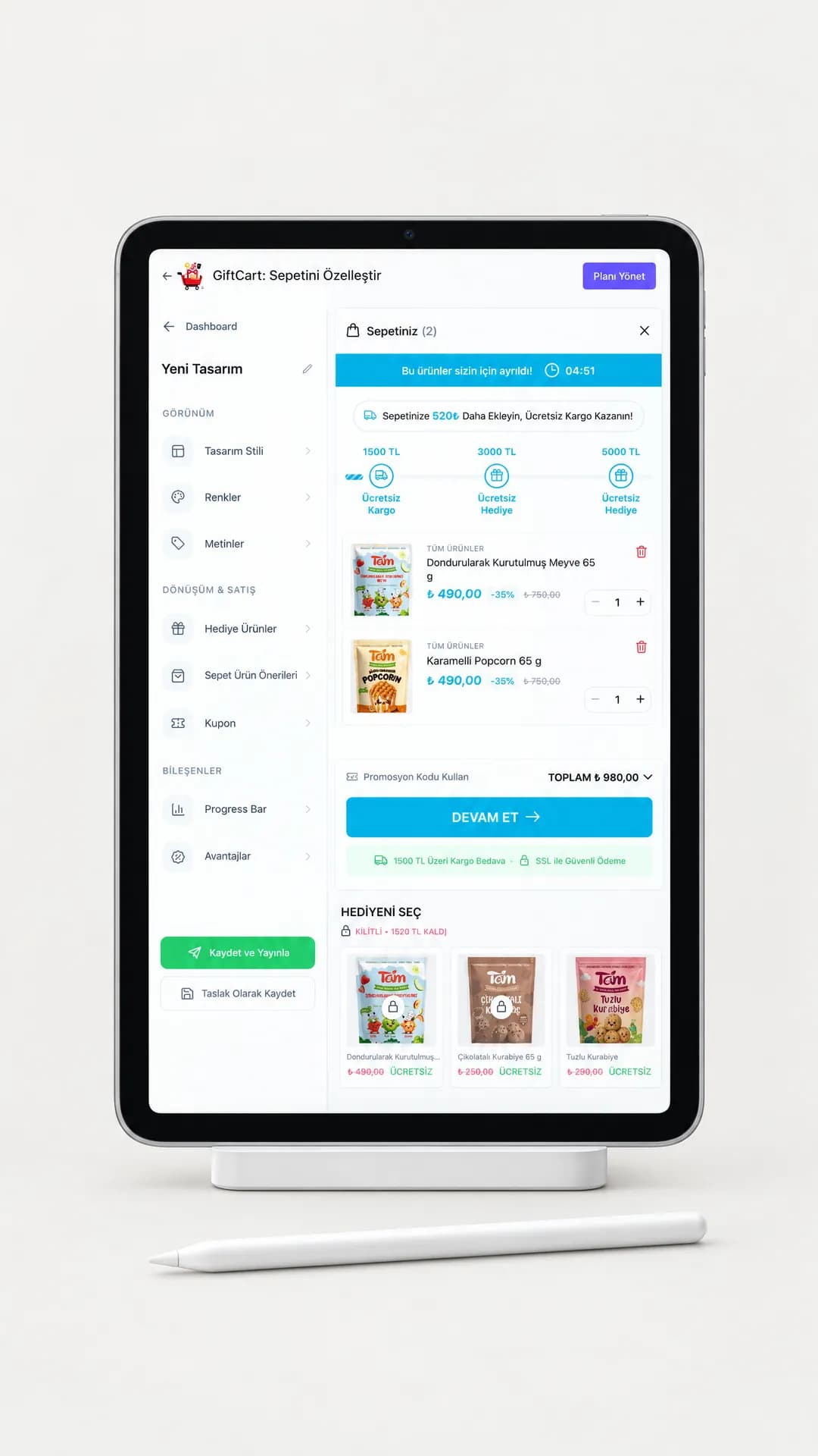 Tablette yönetim panelinde açık sepet düzenleme ekranı
