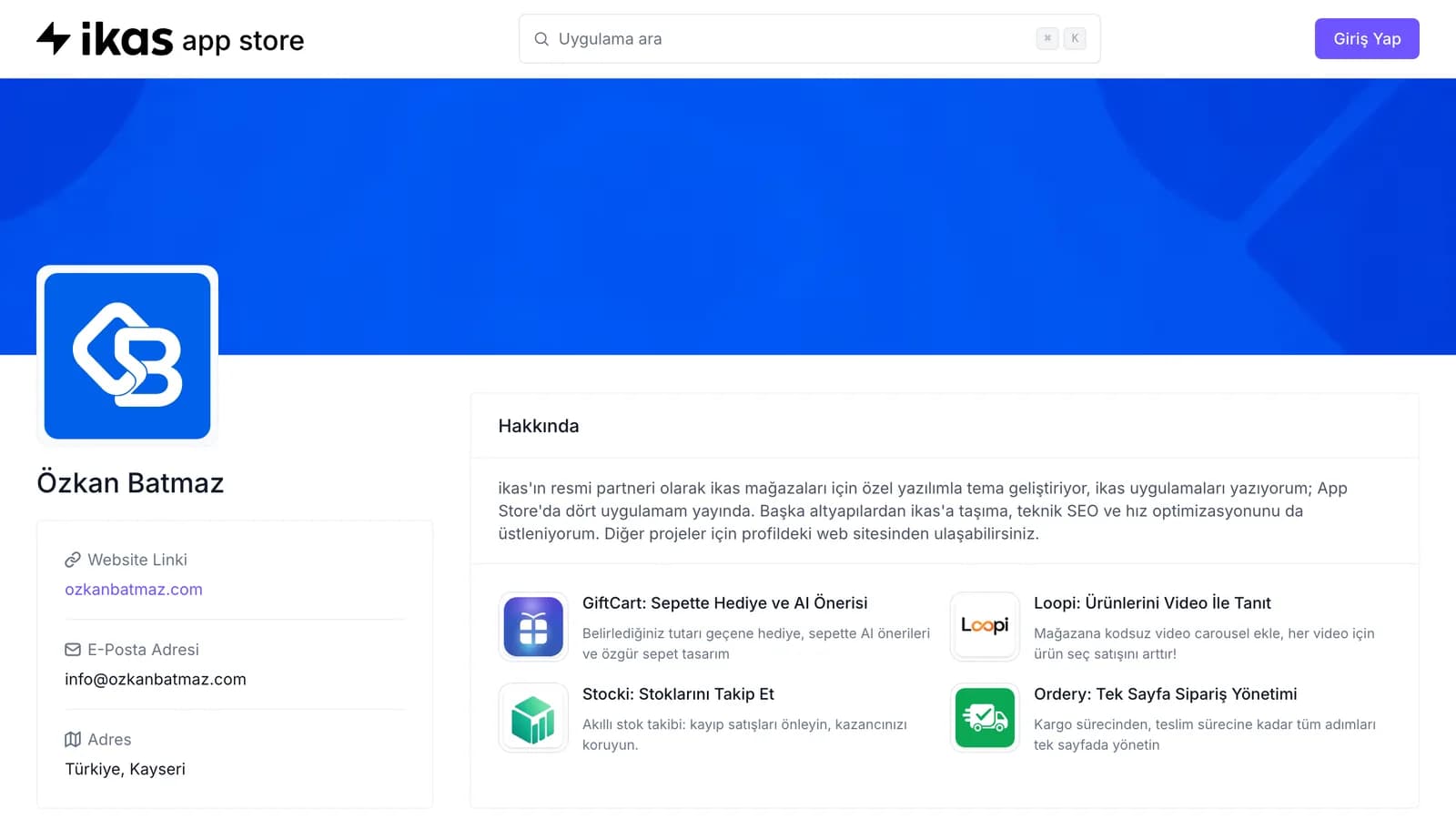 ikas App Store'daki Özkan Batmaz partner profili, web sitesi, konum bilgisi ve yayınlanan uygulamalar