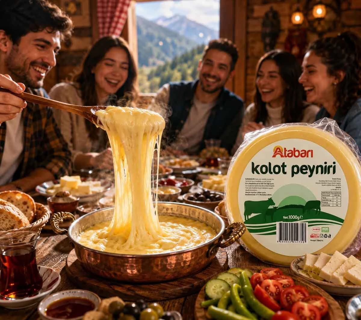 Atabarı kolot peyniri kullanım görseli: dağ manzaralı bir sofrada bakır sahandaki kuymaktan çatalla uzayan peynir, çevresinde gülen insanlar, sebzeler ve sağda Atabarı kolot peyniri paketi.