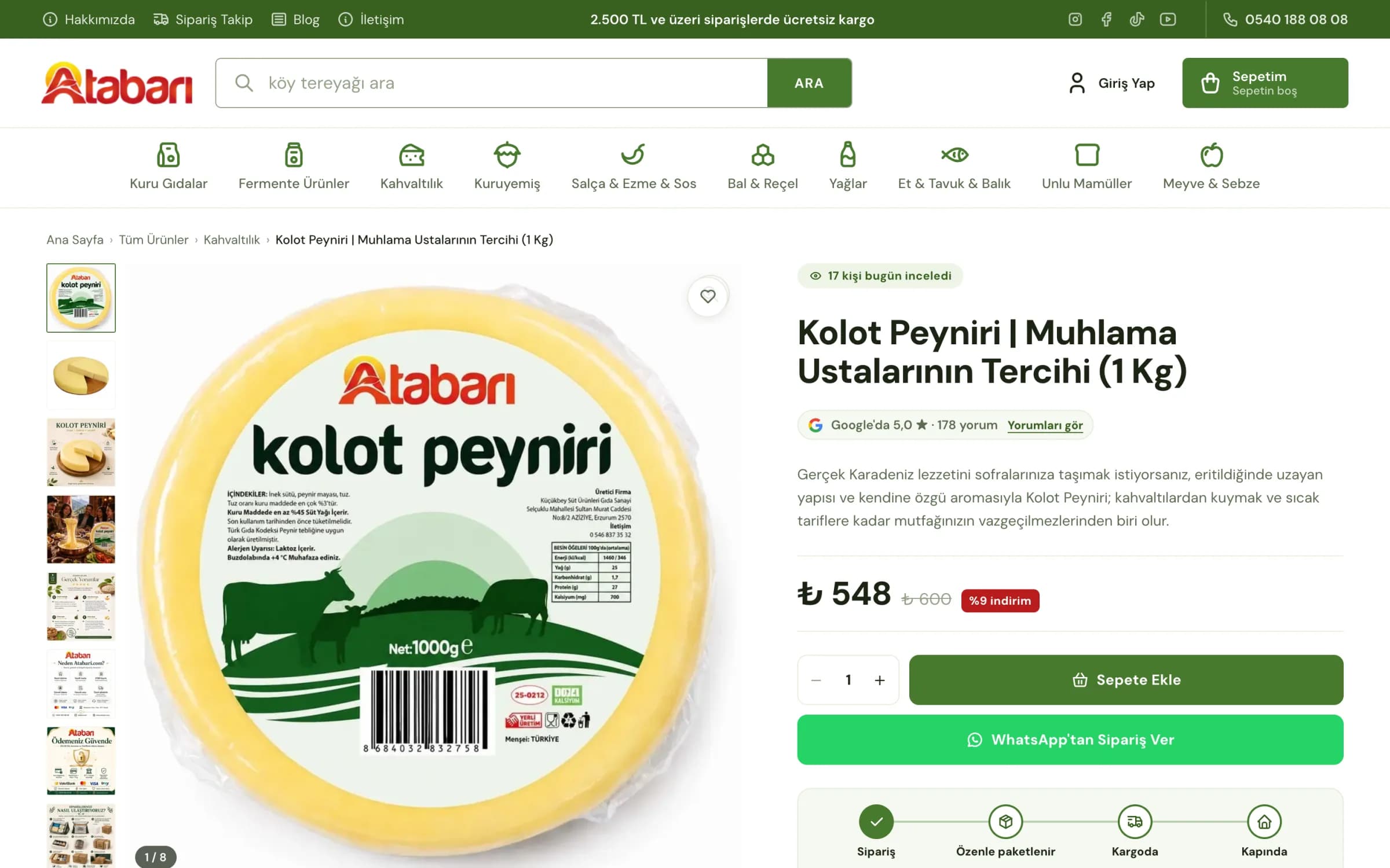 Atabarı kolot peyniri ürün sayfası masaüstünde: solda dikey küçük resimler ve büyük görselde 1000 gramlık Atabarı kolot peyniri paketi; sağda Kolot Peyniri | Muhlama Ustalarının Tercihi (1 Kg) başlığı, kısa açıklama, ₺ 600 yerine ₺ 548 fiyat ve %9 indirim, adet seçici, Sepete Ekle ve WhatsApp'tan Sipariş Ver düğmeleri, altında Sipariş, Özenle paketlenir, Kargoda ve Kapında adımları.