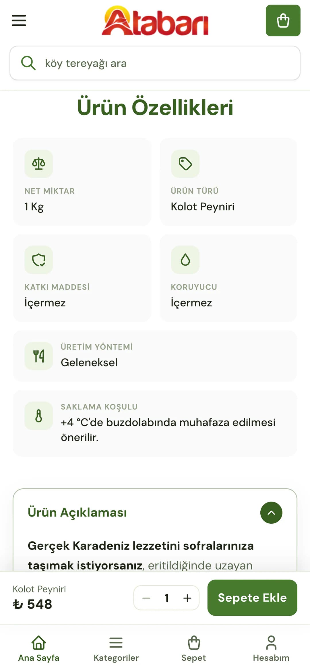Kolot peyniri sayfasındaki Ürün Özellikleri kartları telefonda: net miktar 1 Kg, ürün türü kolot peyniri, katkı maddesi ve koruyucu içermez, üretim yöntemi geleneksel, saklama koşulu +4 °C'de buzdolabında; altında açık Ürün Açıklaması bölümünün başı.