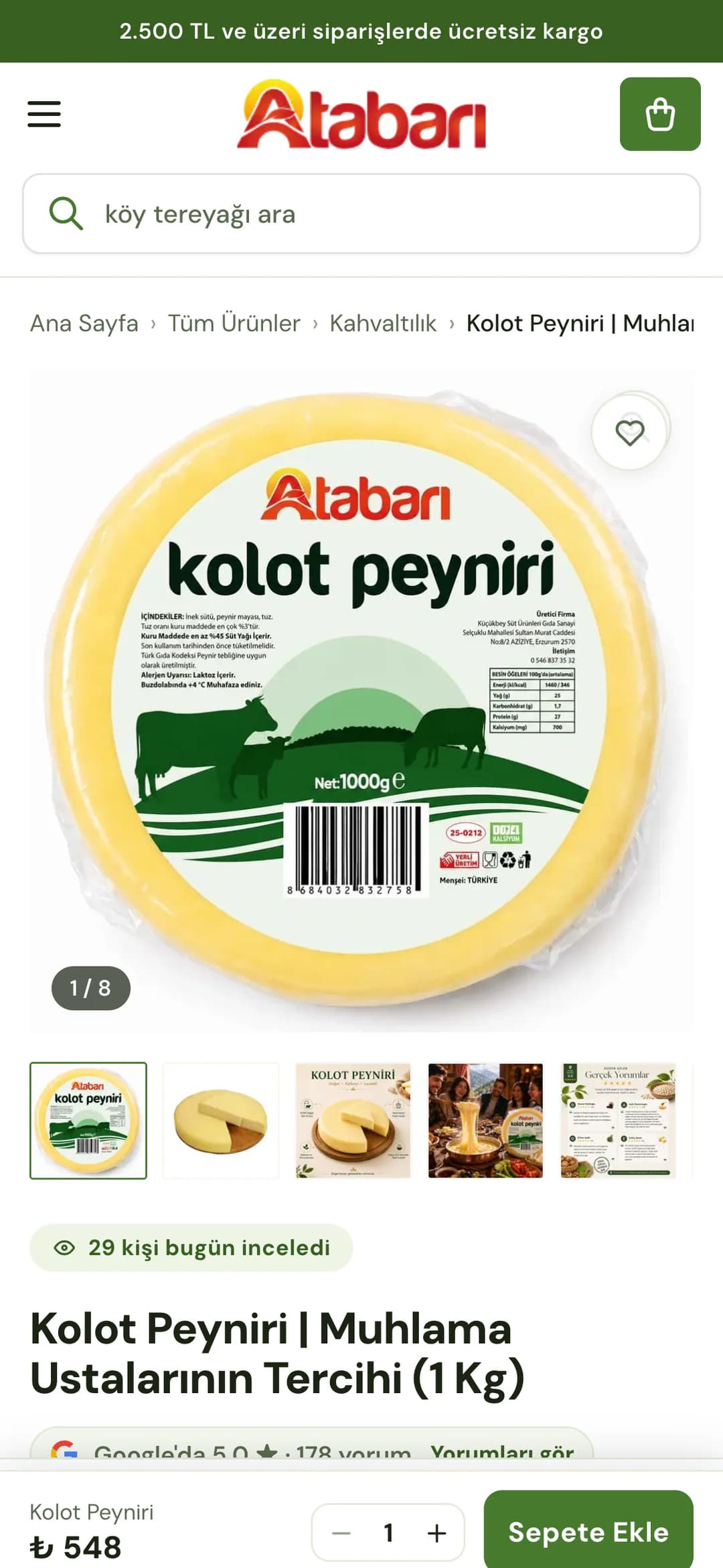Atabarı kolot peyniri ürün sayfası telefonda: Ana Sayfa › Tüm Ürünler › Kahvaltılık yolu, ekran genişliğindeki galeride 1000 gramlık Atabarı kolot peyniri paketi ve 1/8 sayacı, altında küçük resimler; 29 kişi bugün inceledi notu, Kolot Peyniri | Muhlama Ustalarının Tercihi (1 Kg) başlığı; altta adet seçicili yapışkan Sepete Ekle çubuğu.