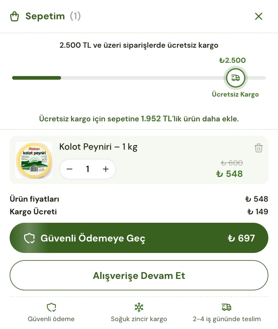 Masaüstü sepet panelinin yakın planı, bir kolot peyniriyle: Sepetim (1), 2.500 TL ve üzeri siparişlerde ücretsiz kargo başlıklı ilerleme çubuğunun ilk bölümü dolu, ₺2.500 Ücretsiz Kargo işareti, Ücretsiz kargo için sepetine 1.952 TL'lik ürün daha ekle notu; sepetteki Kolot Peyniri 1 kg, ürün fiyatları ve kargo ücreti, Güvenli Ödemeye Geç ve Alışverişe Devam Et düğmeleri.